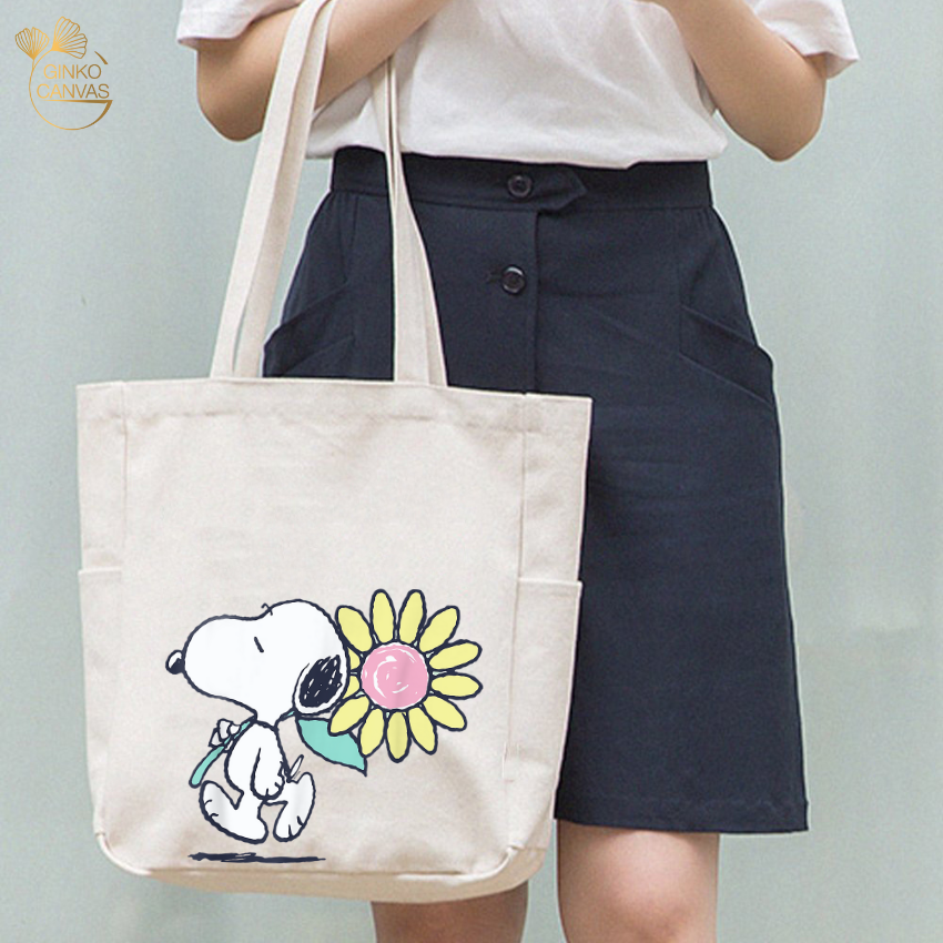 Mô tả Túi Tote Canvas GINKO Unisex Có Dây Kéo Khóa ( túi con) Phong Cách Hàn Quốc In Hình Snoopy- Hoa - 4