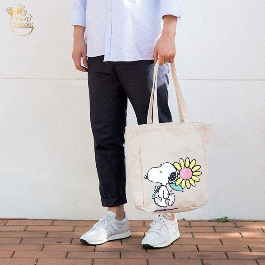 Mô tả Túi Tote Canvas GINKO Unisex Có Dây Kéo Khóa ( túi con) Phong Cách Hàn Quốc In Hình Snoopy- Hoa - 5