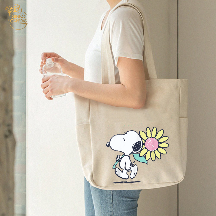 Mô tả Túi Tote Canvas GINKO Unisex Có Dây Kéo Khóa ( túi con) Phong Cách Hàn Quốc In Hình Snoopy- Hoa - 6