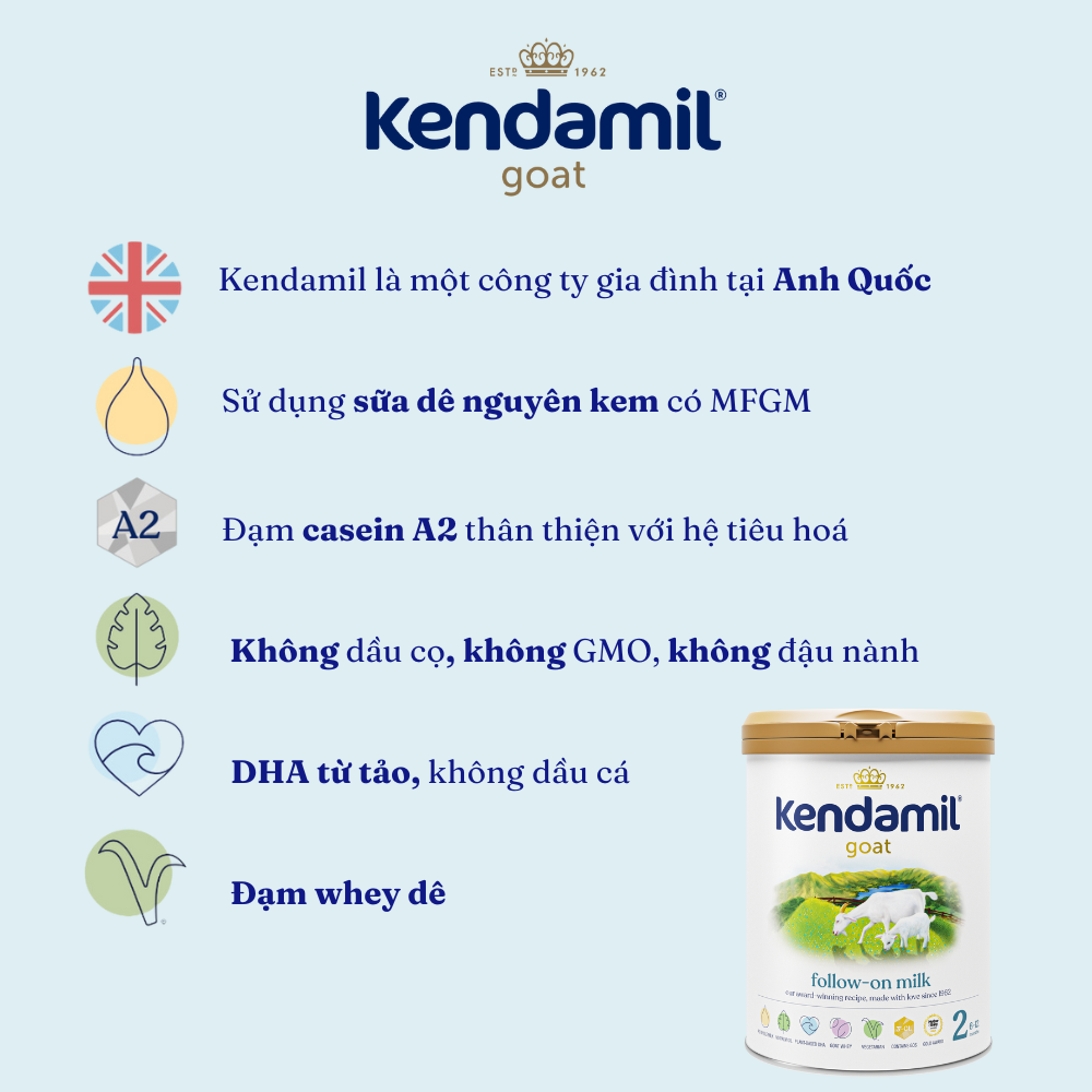 Mô tả Sữa công thức dê Kendamil Goat số 2 (800g) - Sữa bột nguyên kem Đạm A2 cho bé hệ tiêu hóa nhạy cảm - 2