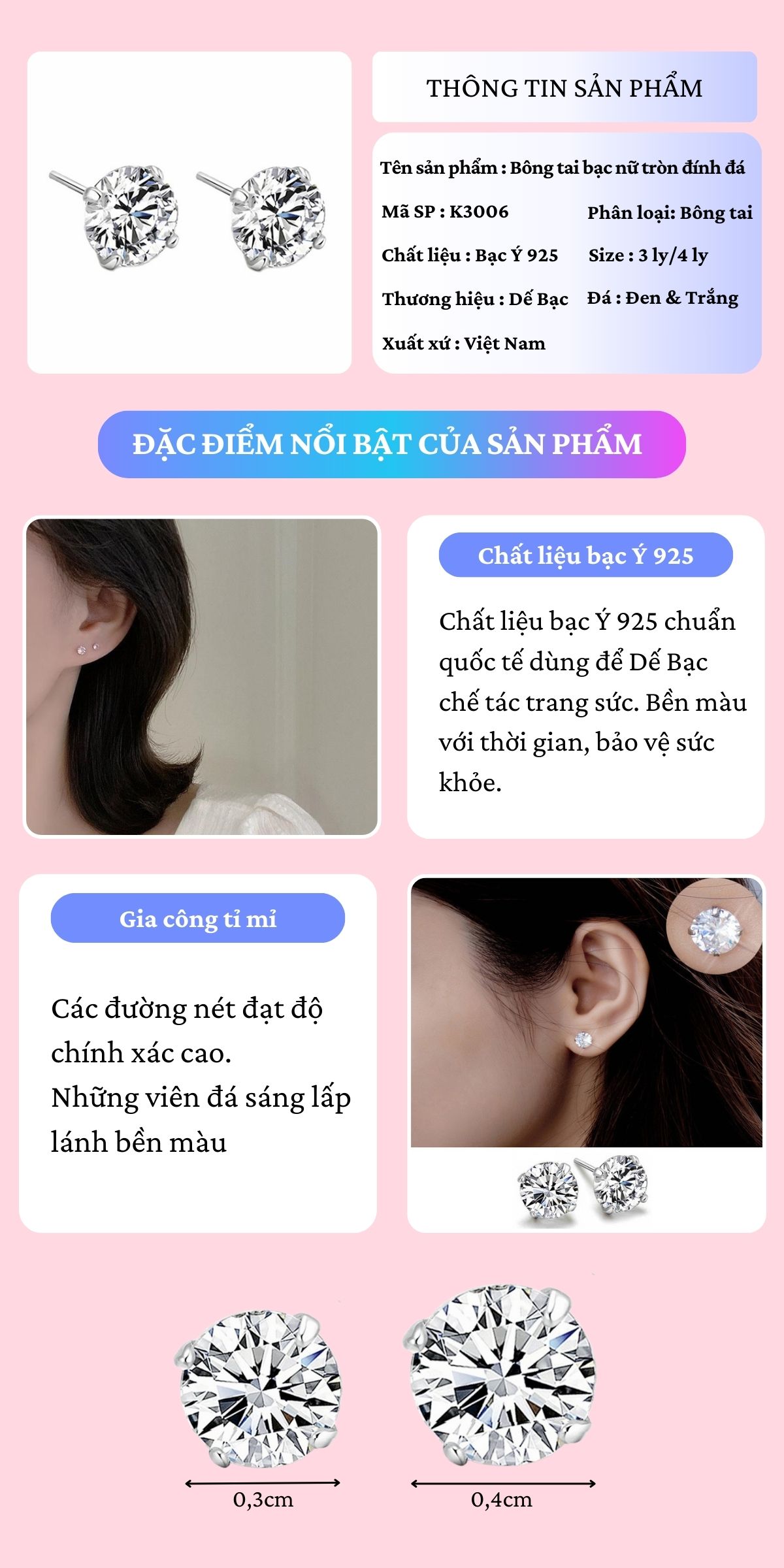 Mô tả Khuyên Tai Bạc Nữ DẾ BẠC Nụ Tròn Đính Đá Lấp Lánh Bông Tai Bạc 925 Xinh Xắn K3006-K3007 - 2
