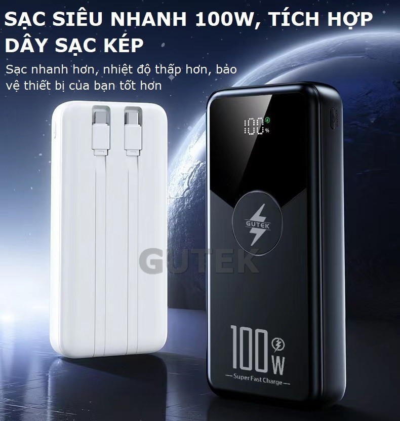 Mô tả Sạc dự phòng 30000mAh 20000mAh Gutek GT229 sạc nhanh 100W pin dung lượng lớn tích hợp dây cáp cho điện thoại - 1