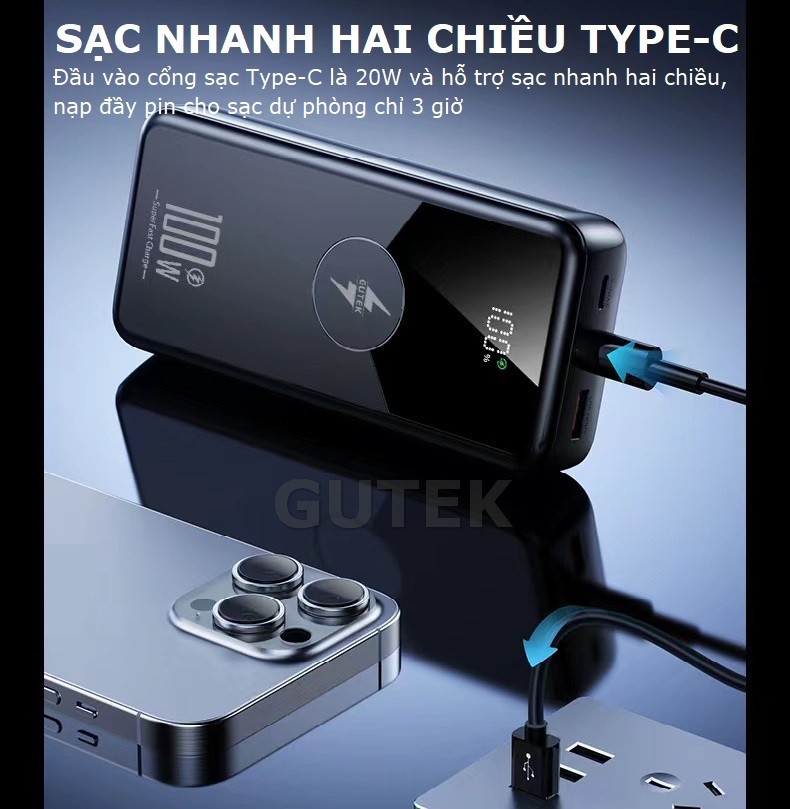 Mô tả Sạc dự phòng 30000mAh 20000mAh Gutek GT229 sạc nhanh 100W pin dung lượng lớn tích hợp dây cáp cho điện thoại - 6