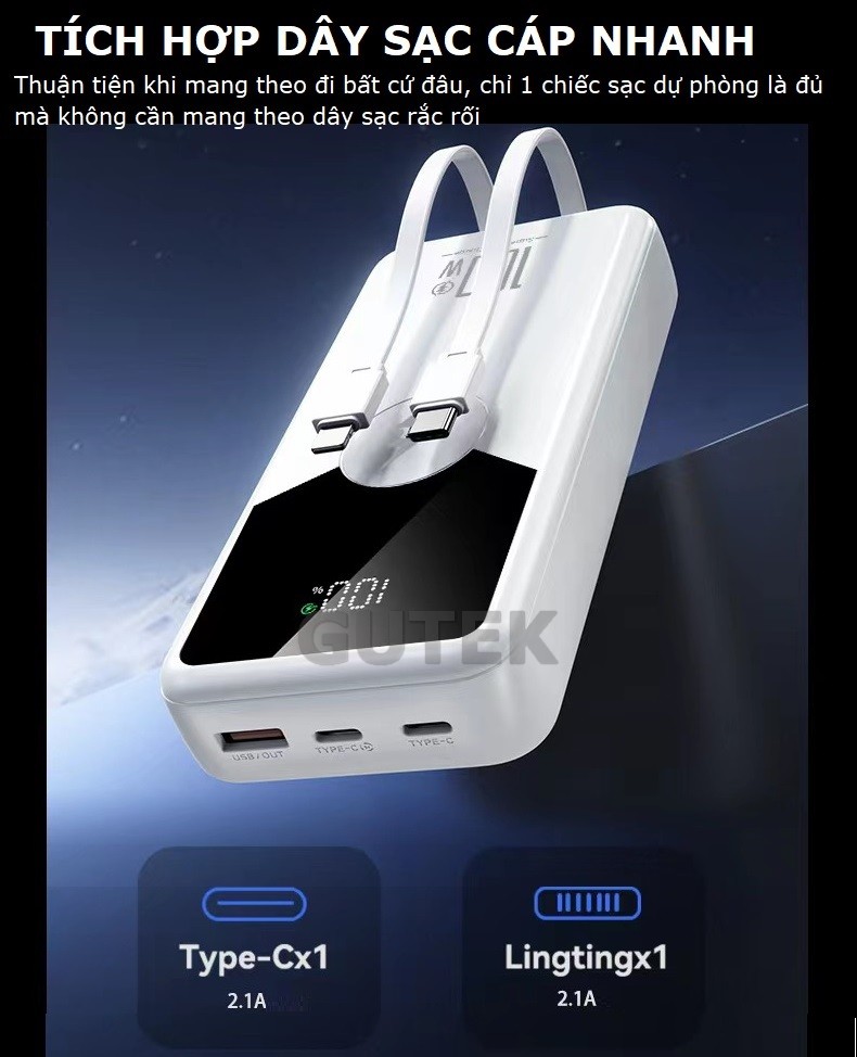 Mô tả Sạc dự phòng 30000mAh 20000mAh Gutek GT229 sạc nhanh 100W pin dung lượng lớn tích hợp dây cáp cho điện thoại - 2