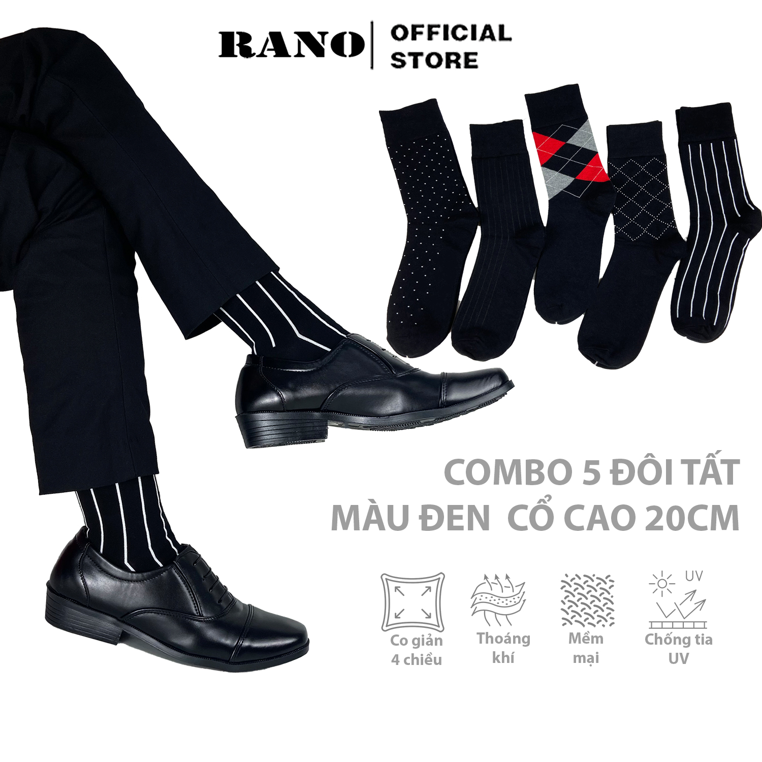 Mô tả Hộp 5 đôi tất nam cổ cao Mix5 RANO cao cấp mang giầy tây thoáng khí chống hôi chân co giãn 4 chiều - 1