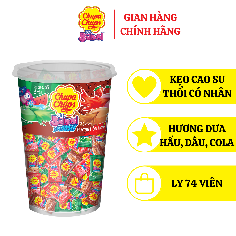 Mô tả Kẹo cao su gum thổi có nhân Chupa Chups Big Babol Sploosh (Hũ 74 viên) hương dưa hấu, dâu, cola - 1