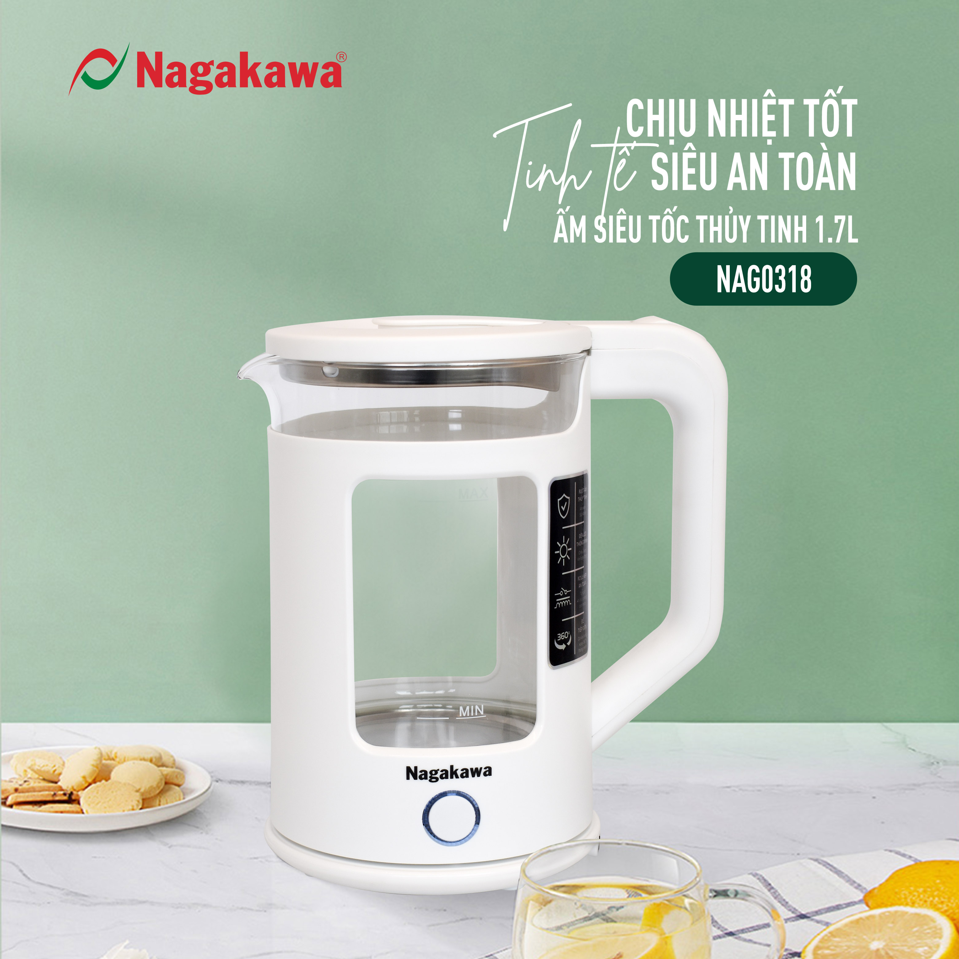 Mô tả Ấm siêu tốc thủy tinh Nagakawa NAG0318 (1.7L - 1355W) - Bảo hành 12 tháng - 1