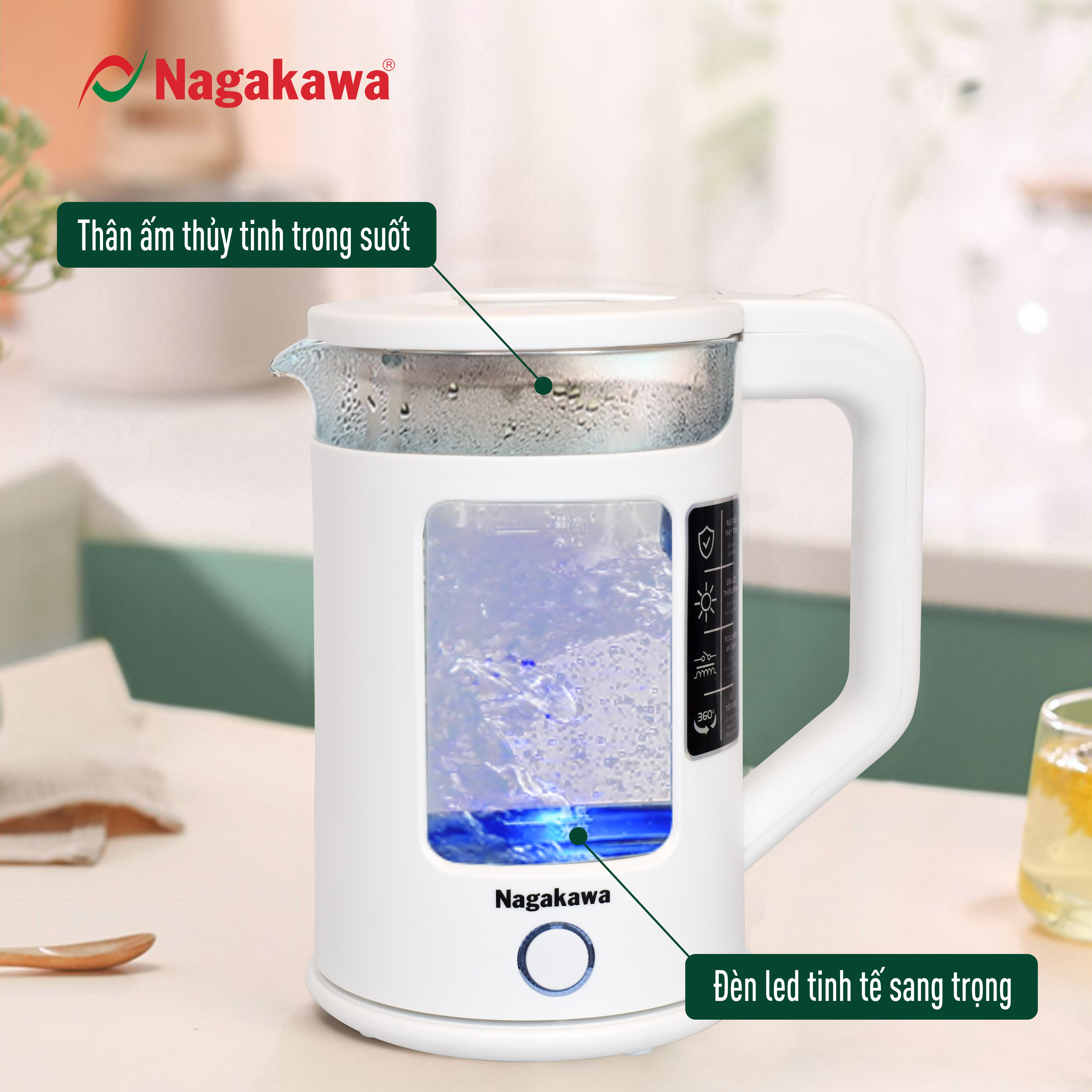 Mô tả Ấm siêu tốc thủy tinh Nagakawa NAG0318 (1.7L - 1355W) - Bảo hành 12 tháng - 2