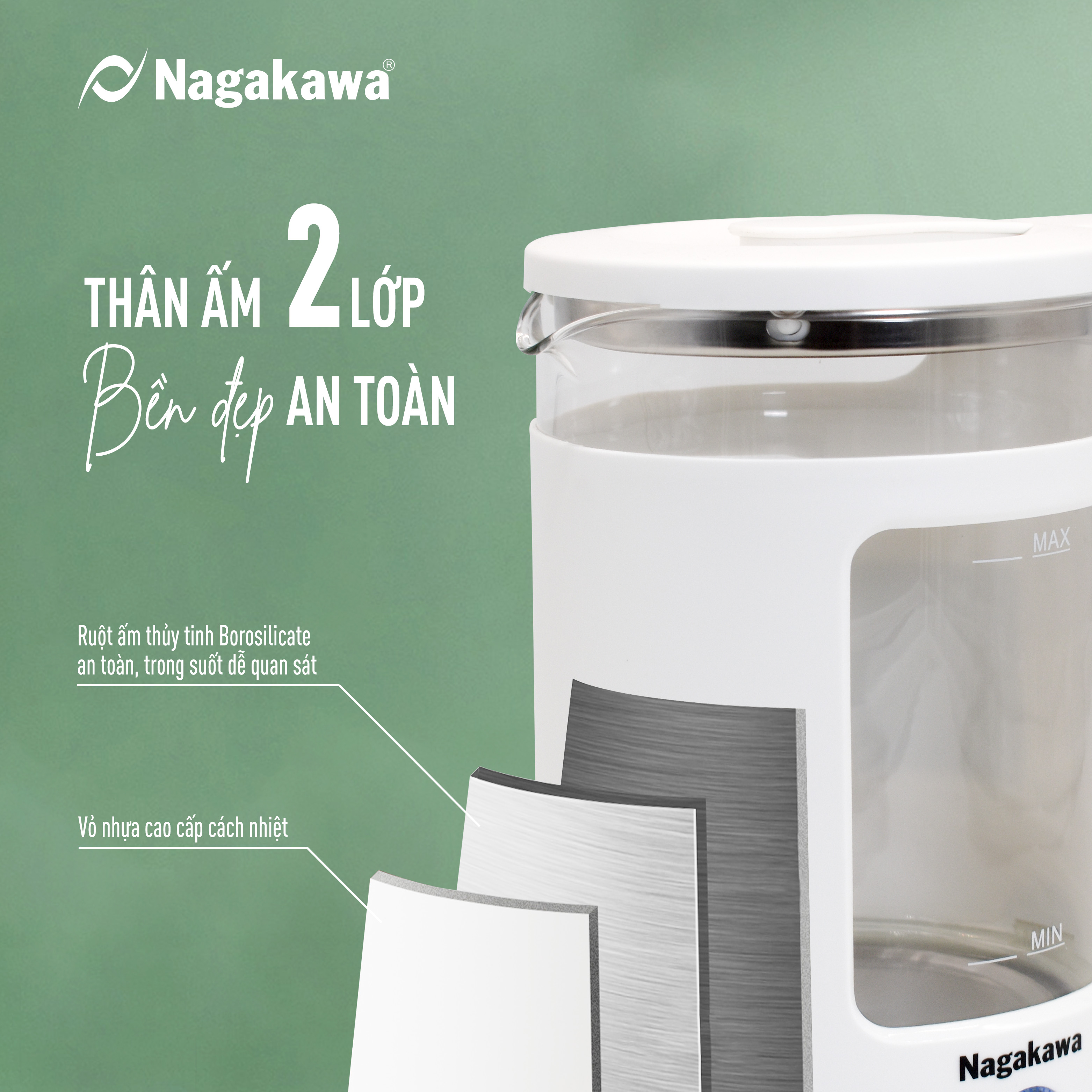 Mô tả Ấm siêu tốc thủy tinh Nagakawa NAG0318 (1.7L - 1355W) - Bảo hành 12 tháng - 3