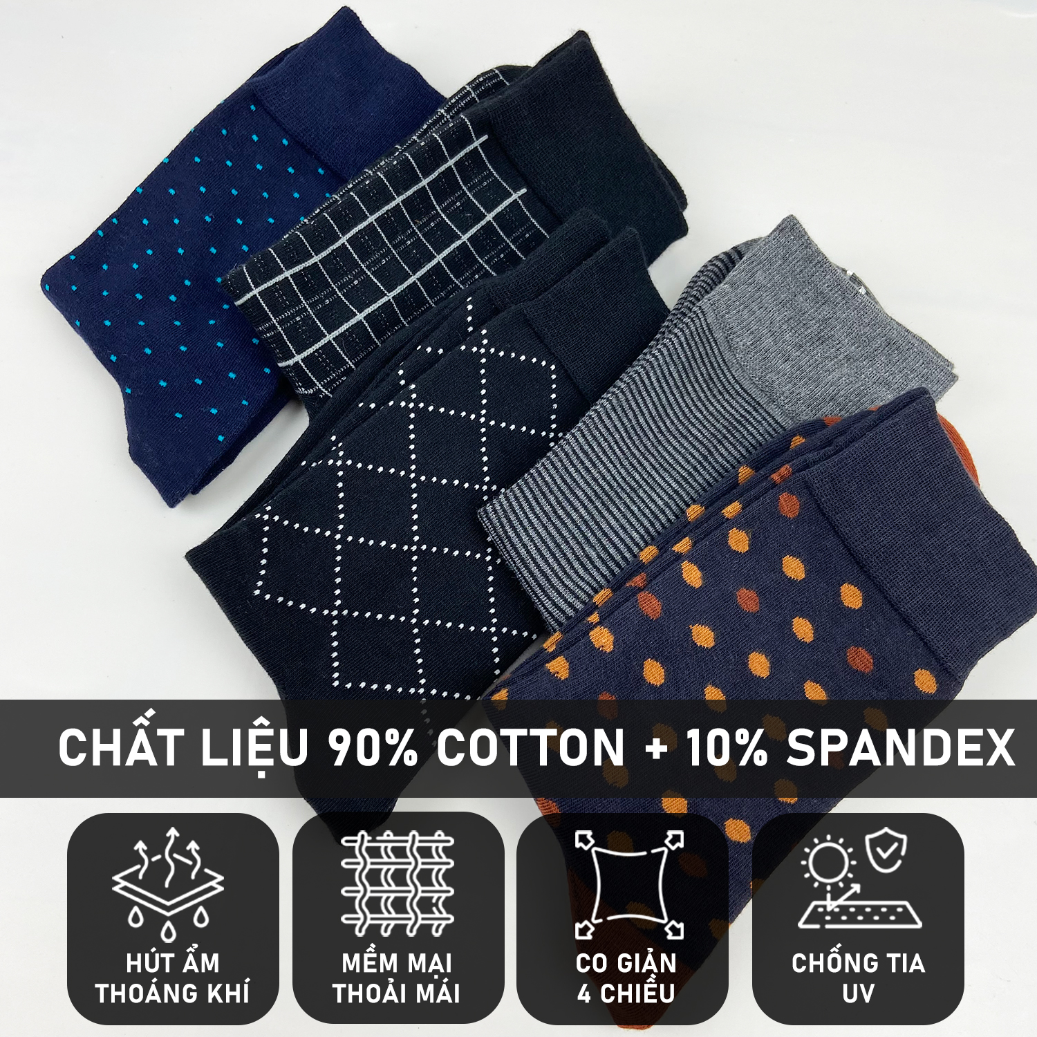 Mô tả Combo 5 Đôi Tất cổ cao văn phòng mang giày tây cao cấp họa tiết RANO chất liệu cotton hút mồ hôi co giãn 4 chiều - 2