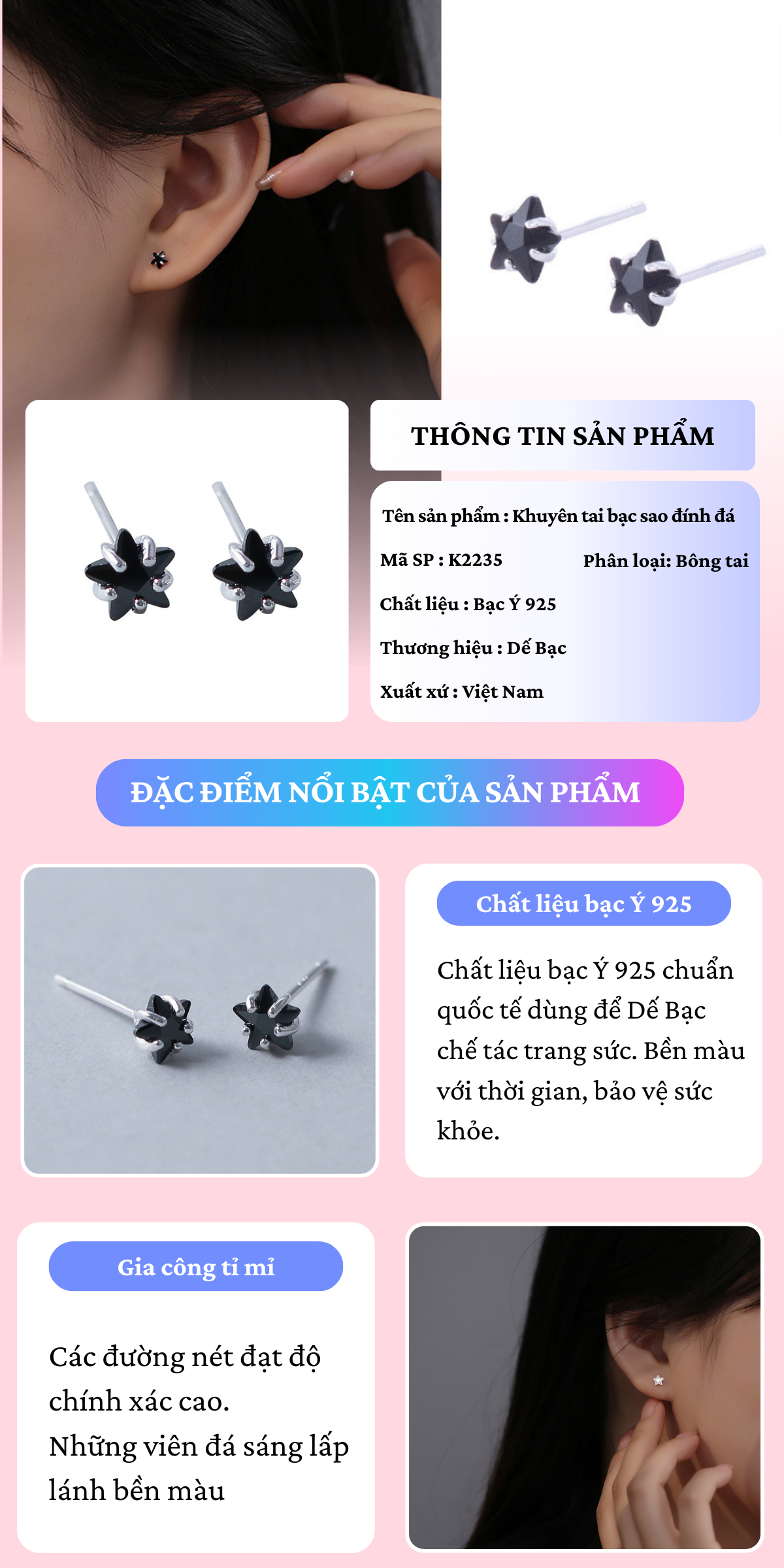 Mô tả Khuyên Tai Bạc DẾ BẠC 925 Nụ Sao Nhỏ Đính Pha Lê Lấp Lánh Xinh Xắn K2235 - 2