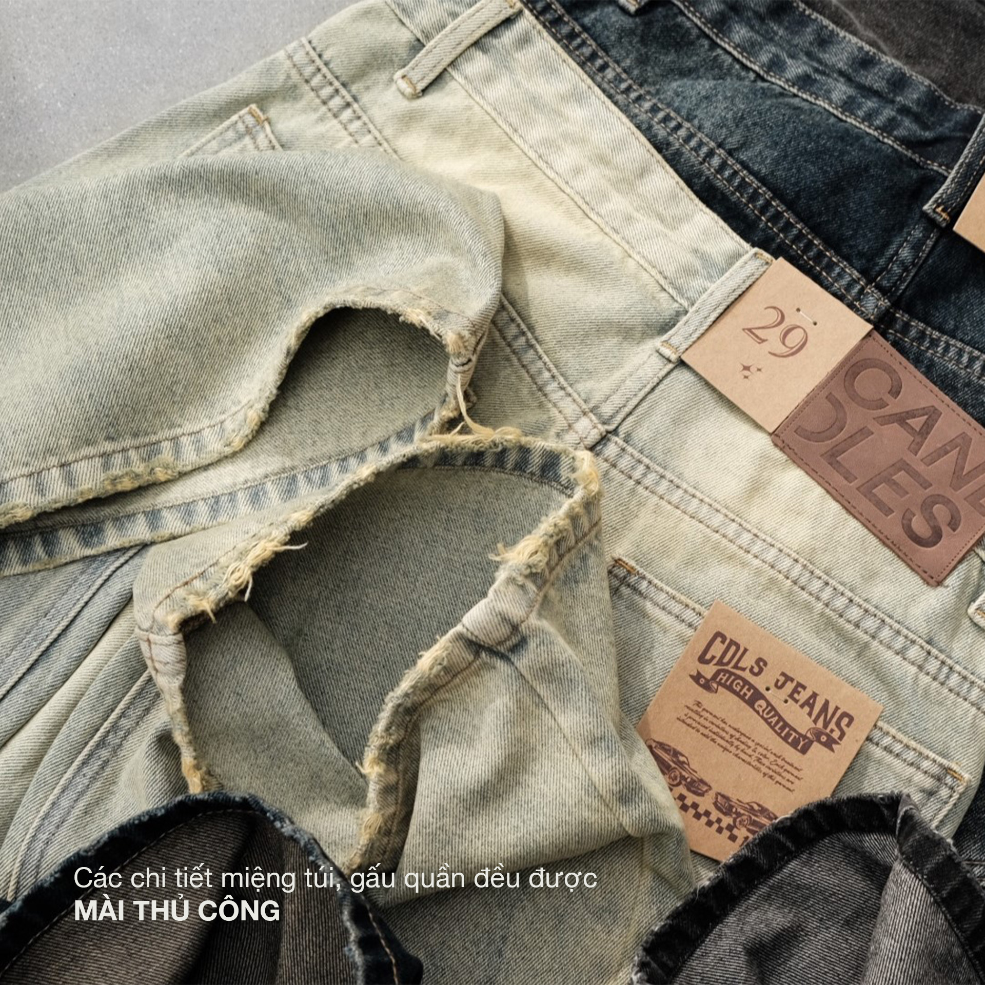 Mô tả Quần Jeans Candles Denim Knee Blow-out Wide Leg Unisex - 4