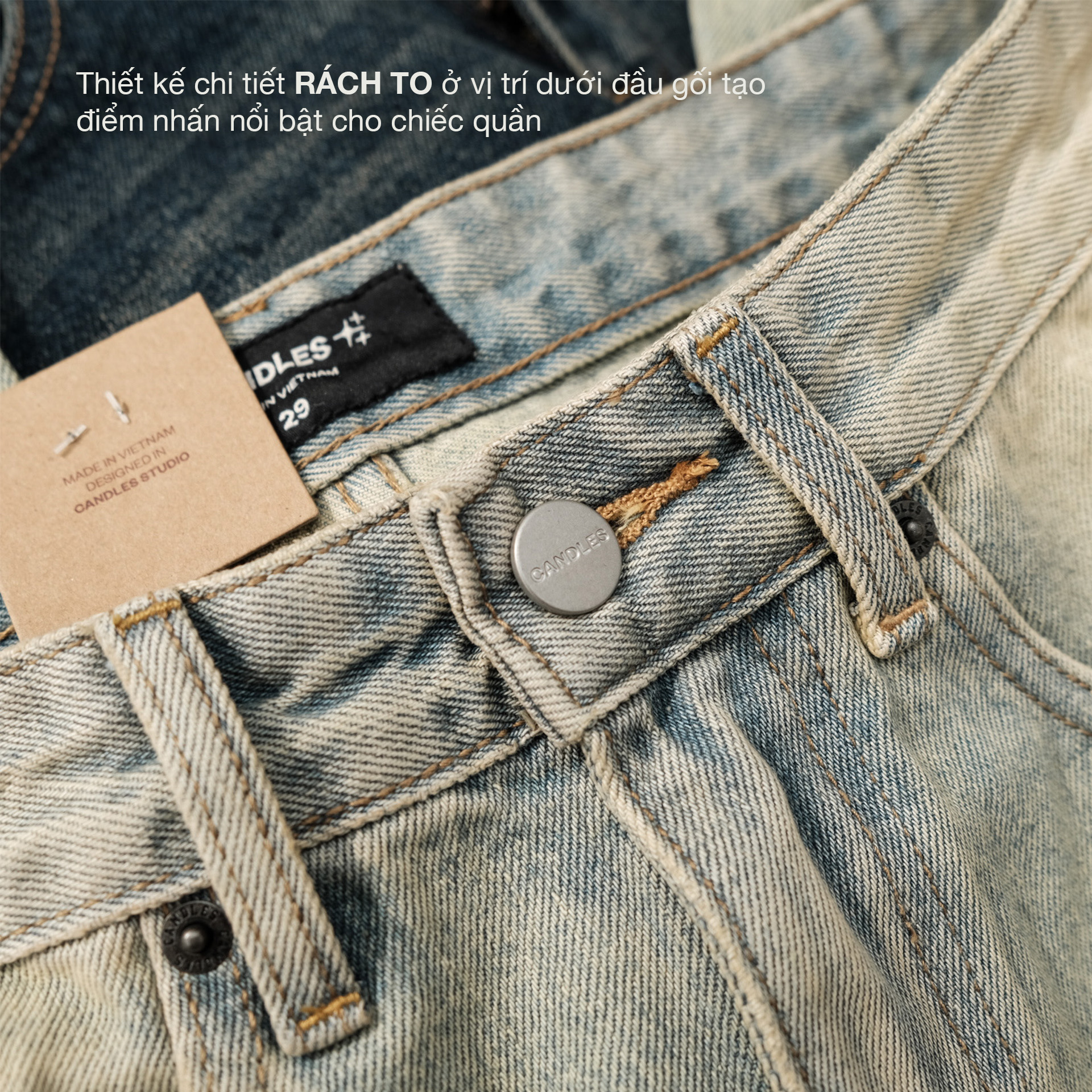 Mô tả Quần Jeans Candles Denim Knee Blow-out Wide Leg Unisex - 3