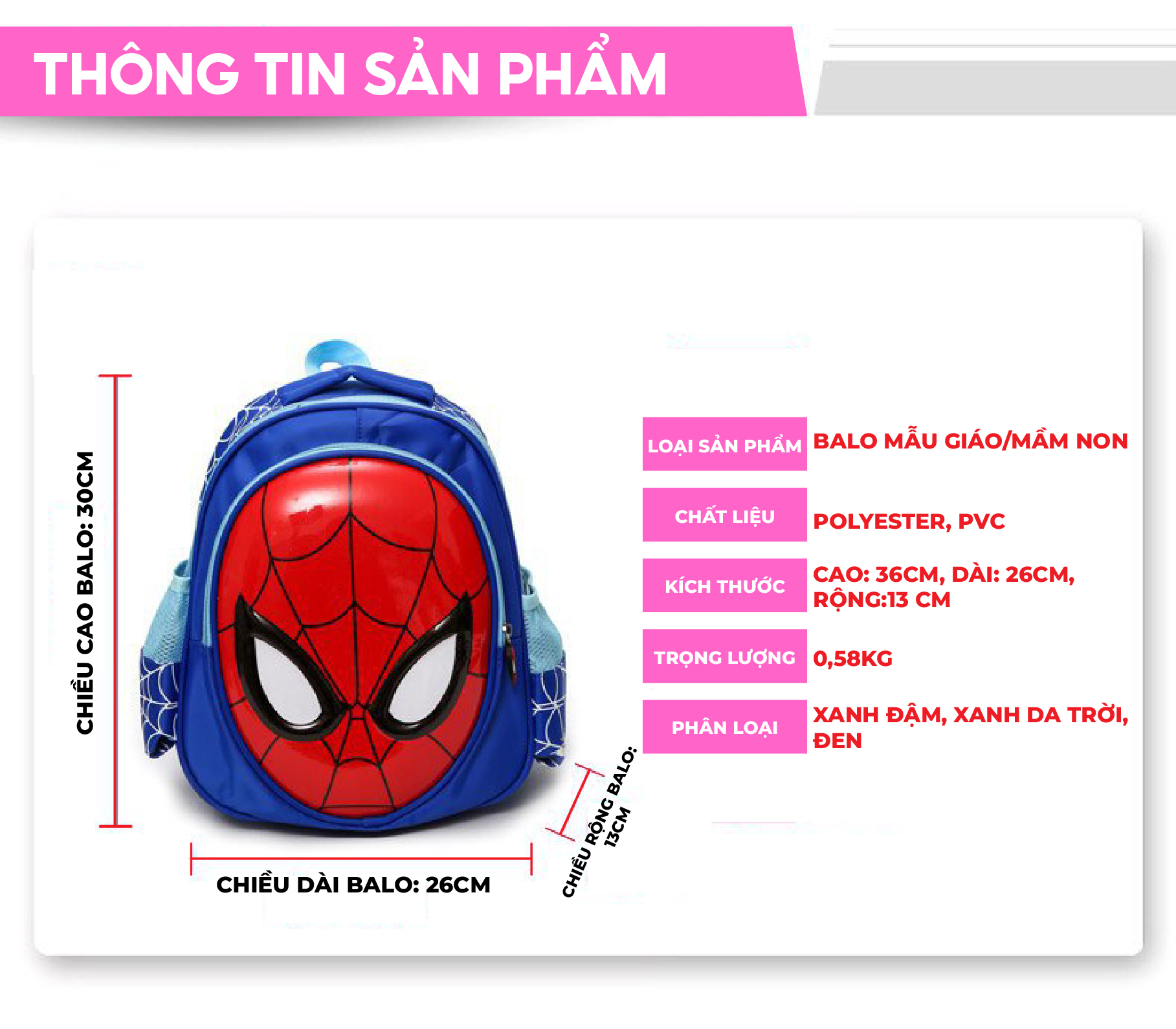 Mô tả Balo cho bé trai đi học mẫu giáo mầm non 1989KIDS SHOP hình siêu nhân,chống thấm nước,siêu nhẹ,kích thước 30cm*13cm*26cm - 1