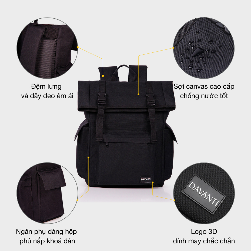 Mô tả Balo Vải Canvas Chống Nước Cao Cấp DAVANTI BL104 - 2