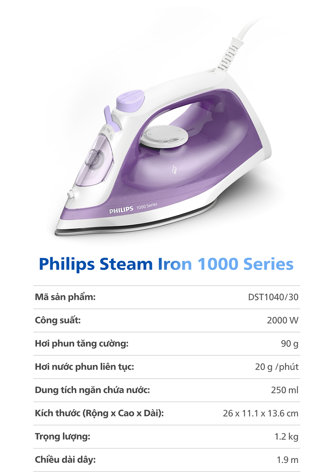Mô tả BÀN ỦI HƠI NƯỚC Philips DST1040/30 | 2000W | mặt đế chống dính - Hàng Chính Hãng - 10