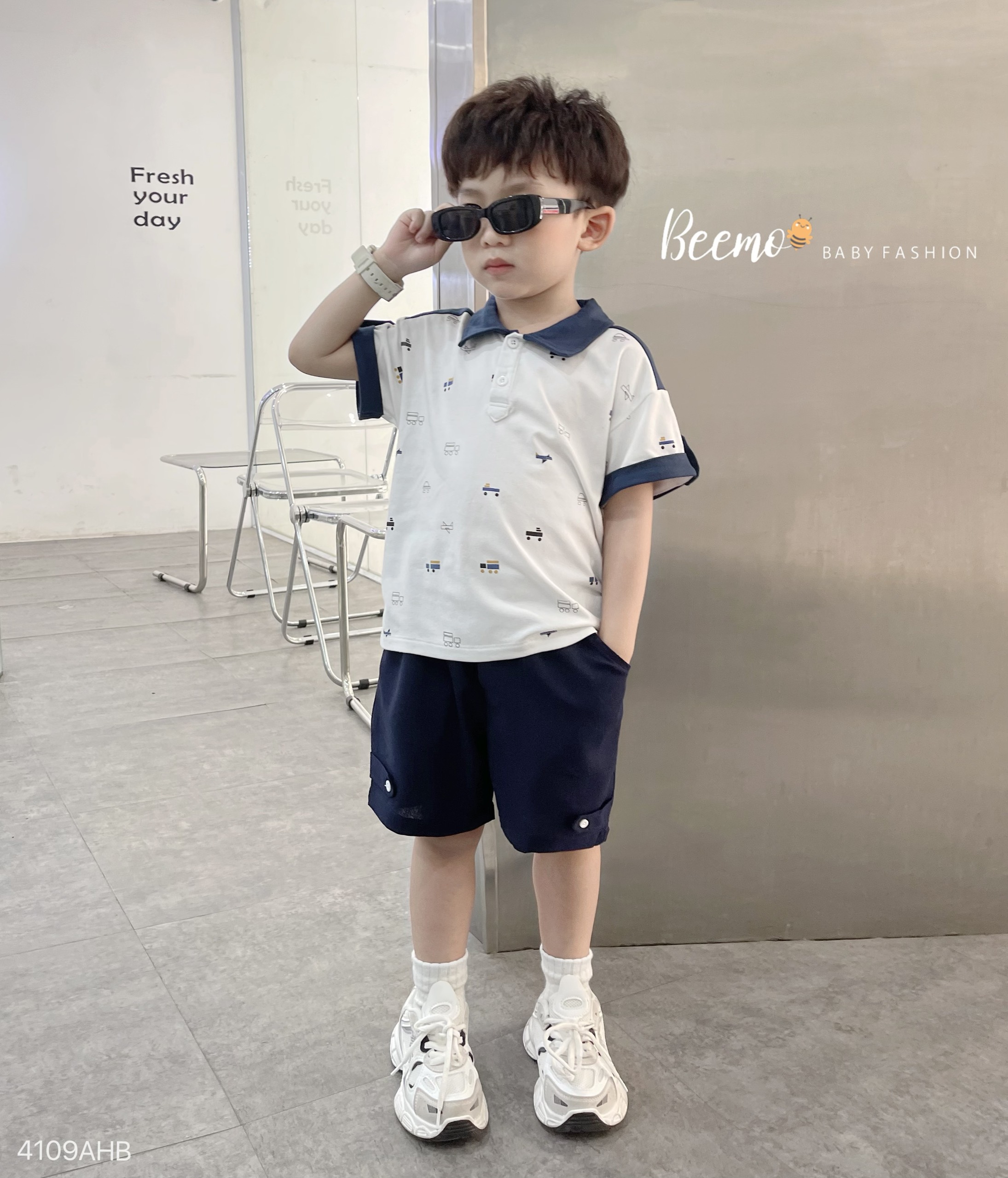 Mô tả Set bộ Polo cộc tay Beemo in xoả phối cá tay vải cotton cao cấp cho bé trai từ 9-24kg 4042BHB - 1
