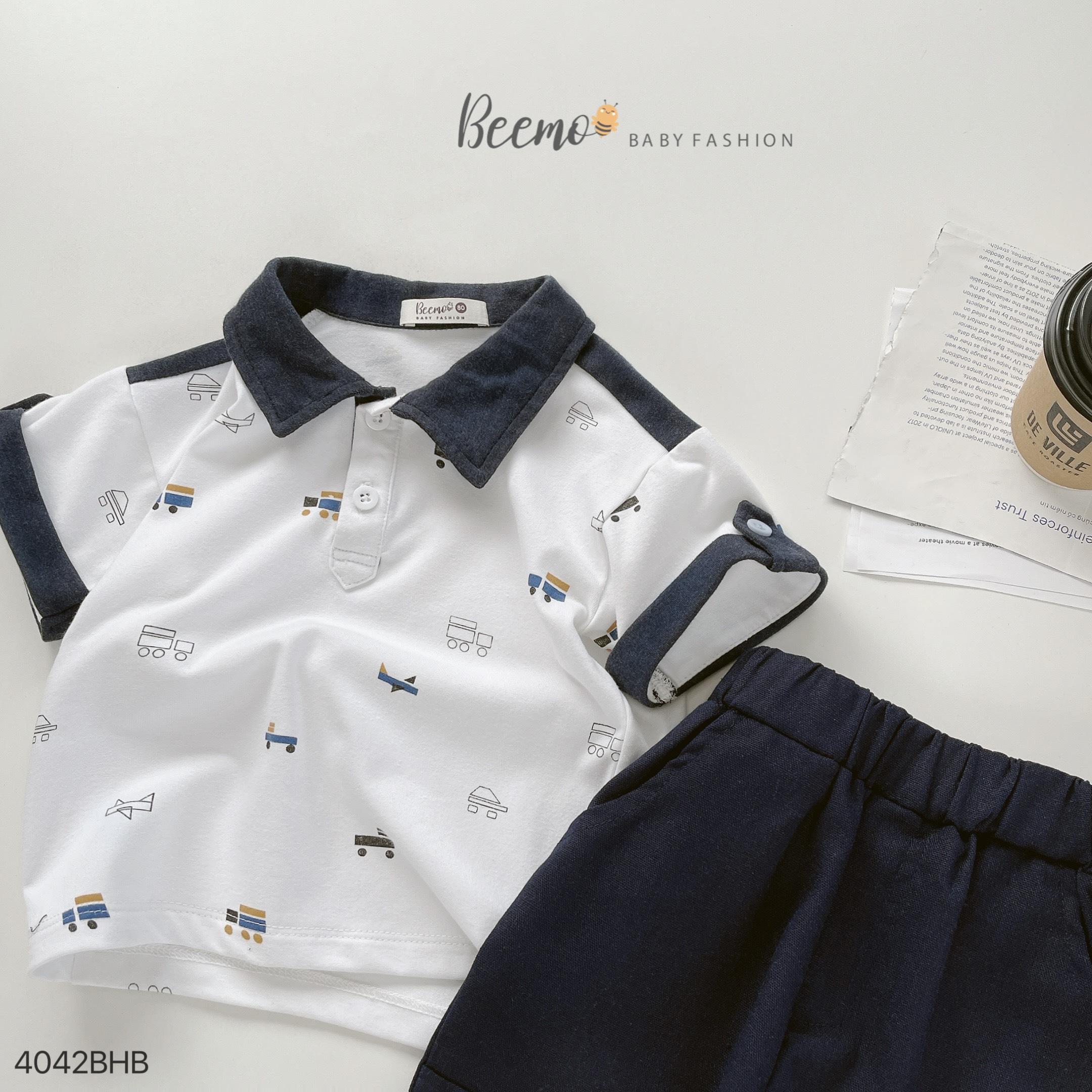 Mô tả Set bộ Polo cộc tay Beemo in xoả phối cá tay vải cotton cao cấp cho bé trai từ 9-24kg 4042BHB - 2
