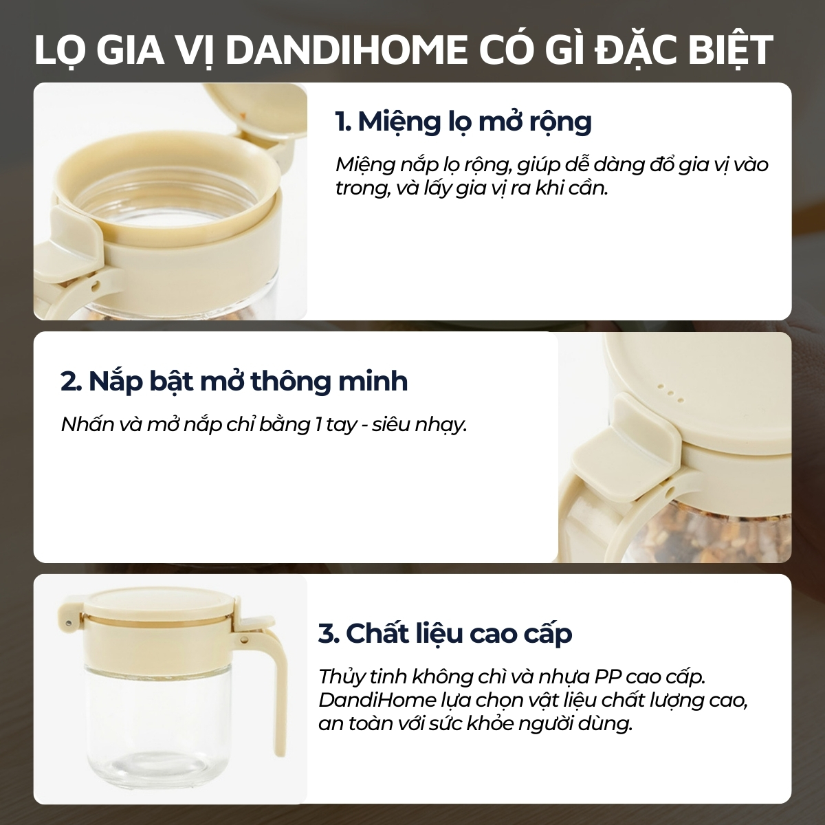 Mô tả Lọ đựng gia vị, hũ đựng gia vị thủy tinh và nhựa PP DandiHome có thìa thông minh - 4