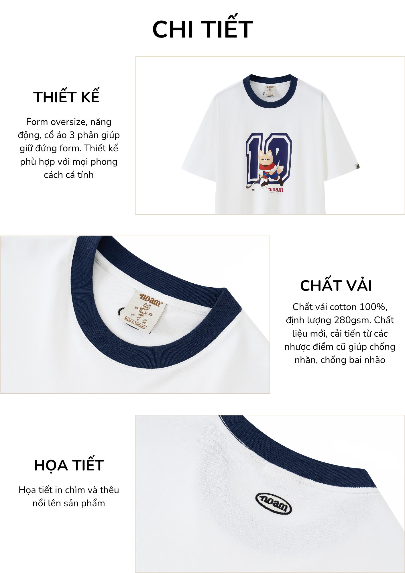 Mô tả Áo thun Form rộng NOAM Ice Hockey Player Unisex 100% Cotton - Màu trắng - 2