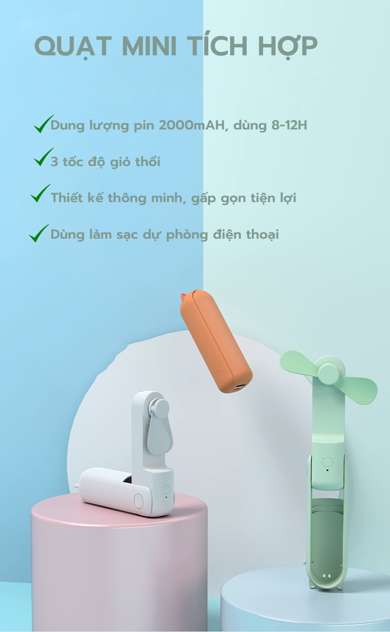 Quạt mini tích điện cầm tay Kaidoko icaros SH09 3 cấp độ gió mát sạc dự ...