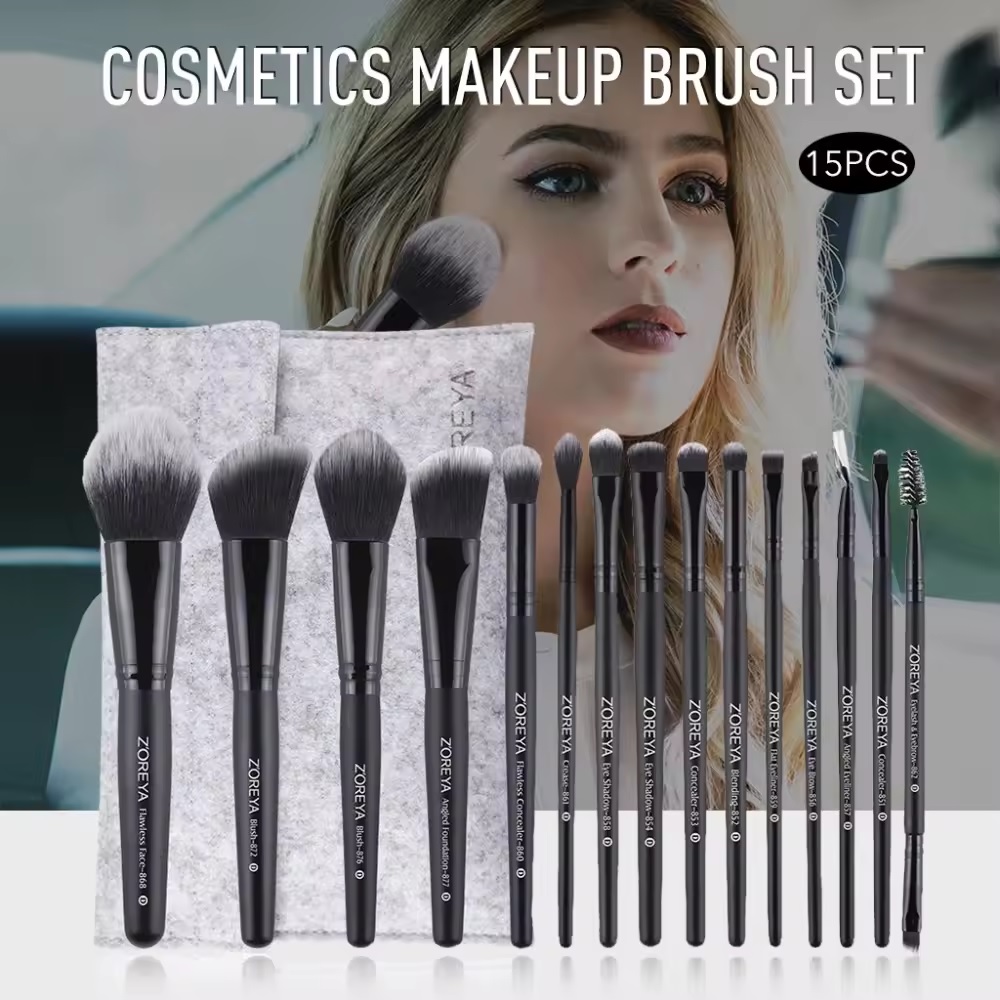 ZOREYA 15-teiliges Make-up-Pinsel-Set Champagner | Synthetische Borsten | Mit Beschrifteten Griffen