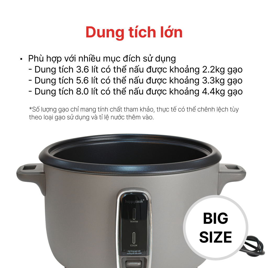 Mô tả Nồi cơm điện nắp rời BIG SIZE 3.6, 5.6, 8 Lít HAPPYCOOK - 2