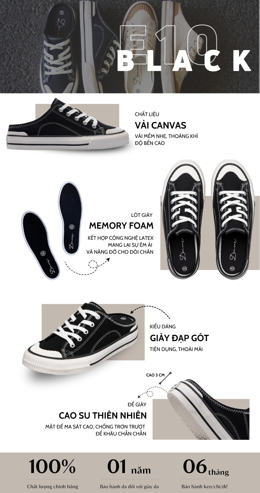 Mô tả Giày Sục Đạp Gót Mules Vải Sneaker Unisex Tăng Chiều Cao 4cm DINCOX E10 Black - 1