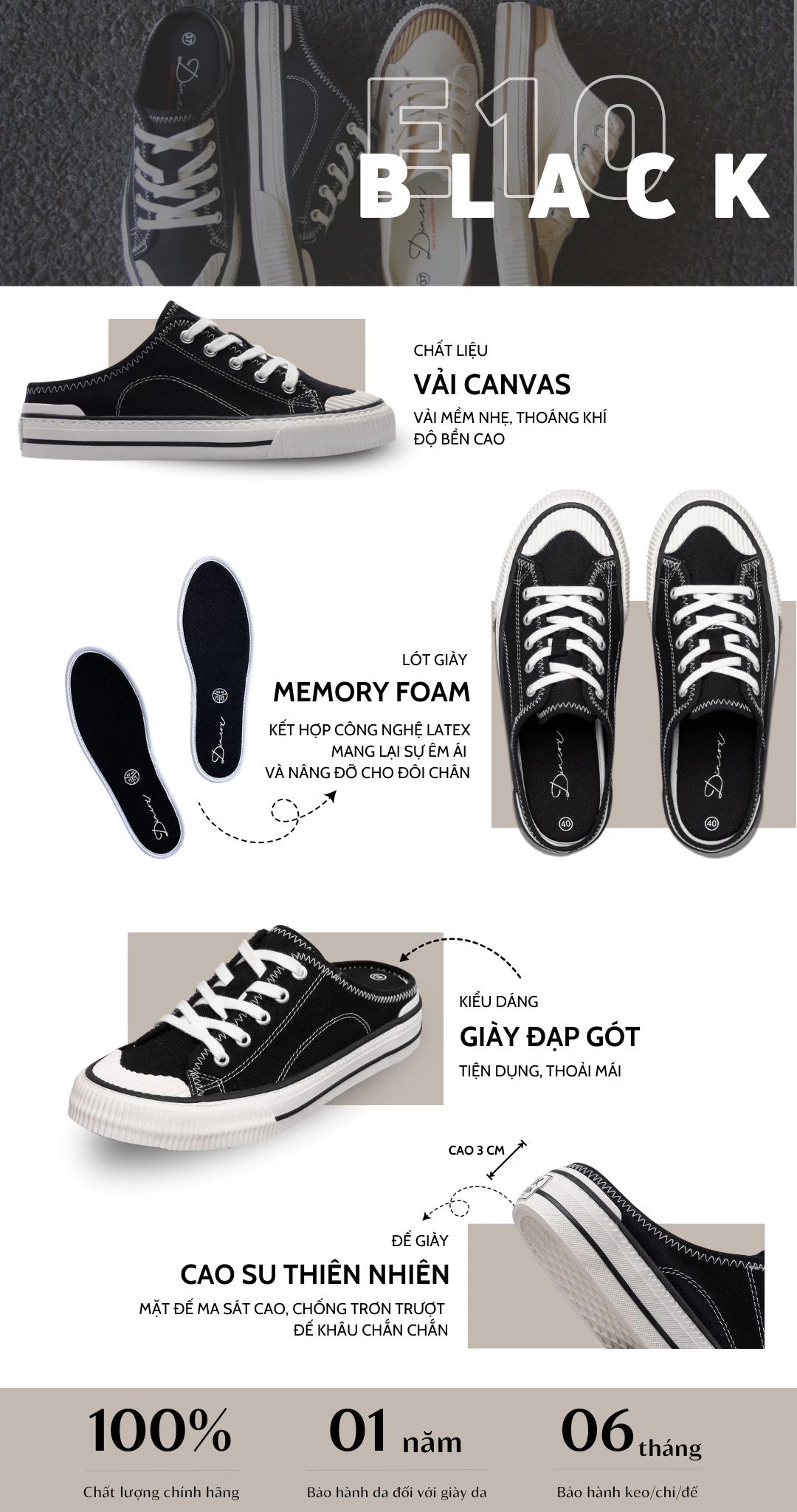 Giày Sục Đạp Gót DINCOX E10 Black thiết kế sành điệu unisex