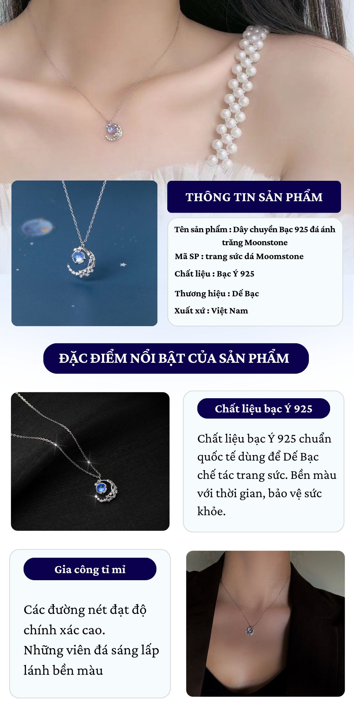 Mô tả Bộ Trang Sức Bạc 925 Moonstone DẾ BẠC Đá Ánh Trăng Lấp Lánh Quà Tặng Bạn Gái Người Yêu D4426 - 1