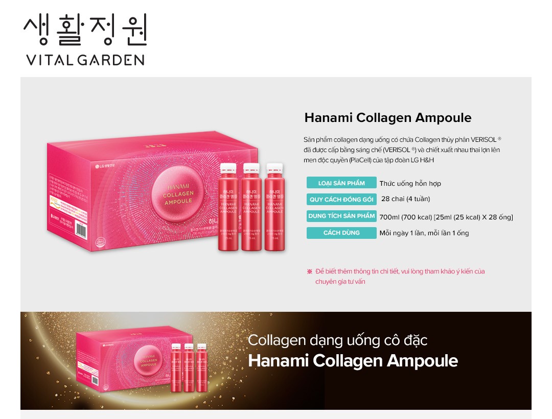 Combo Thực phẩm bổ sung Vital Garden Hanami Collagen Ampoule (25ml x 31 ...