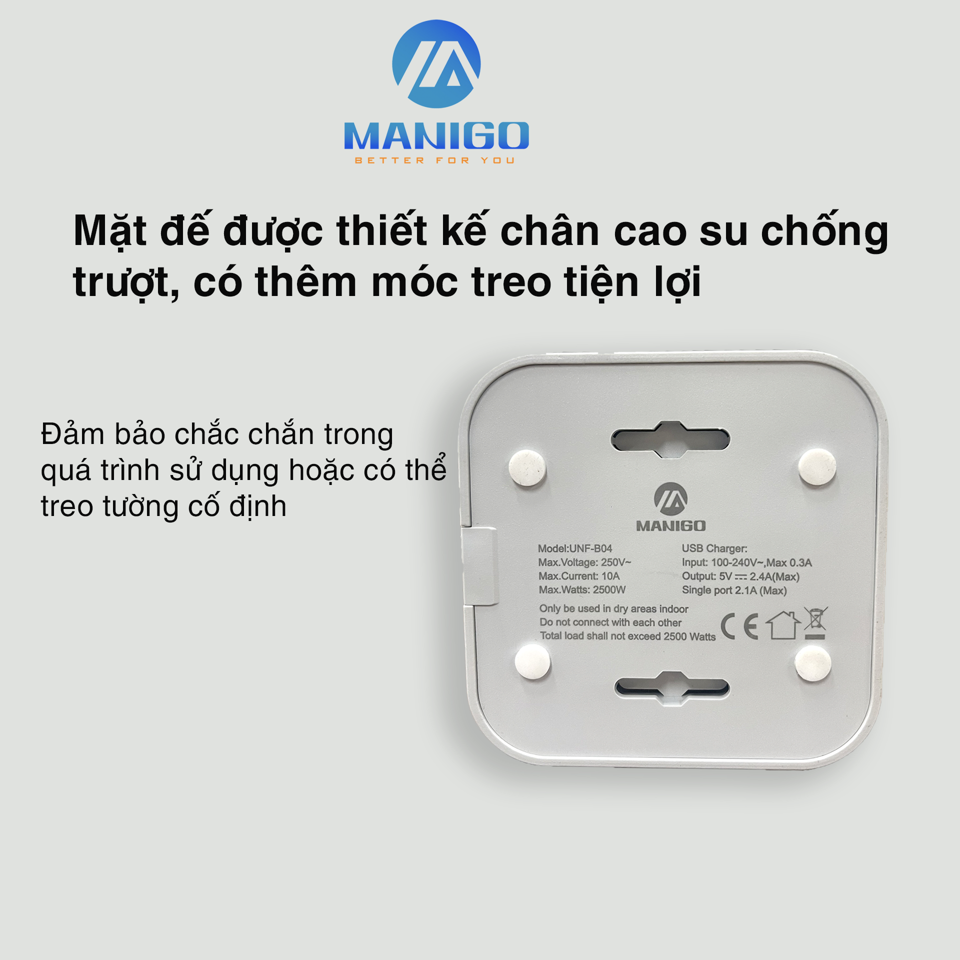 Mô tả Ổ cắm điện Manigo nhiều ổ cắm 2 cổng USB TypeC công suất 2500W dây dài 2.5m tự ngắt áp BH 18 Tháng - 1