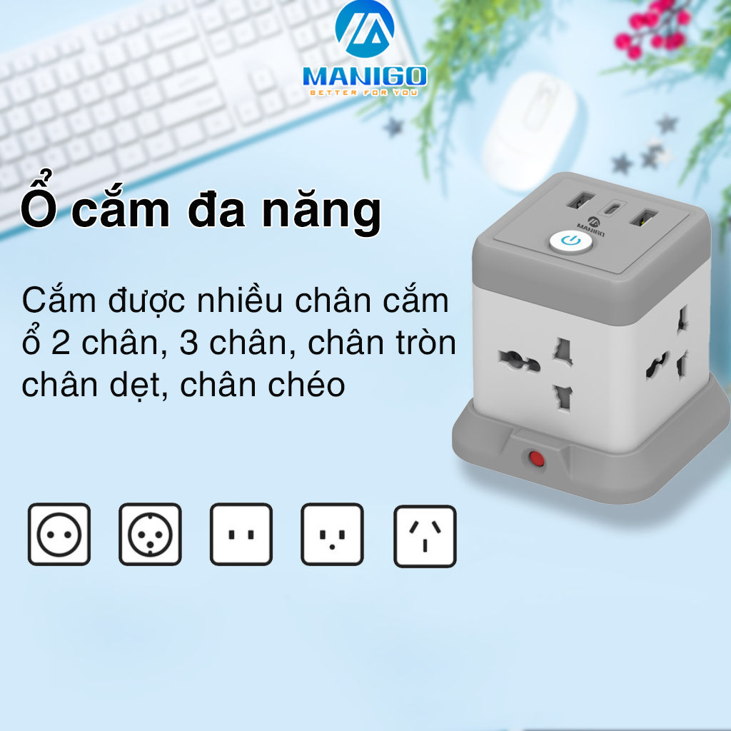Mô tả Ổ cắm điện Manigo nhiều ổ cắm 2 cổng USB TypeC công suất 2500W dây dài 2.5m tự ngắt áp BH 18 Tháng - 3