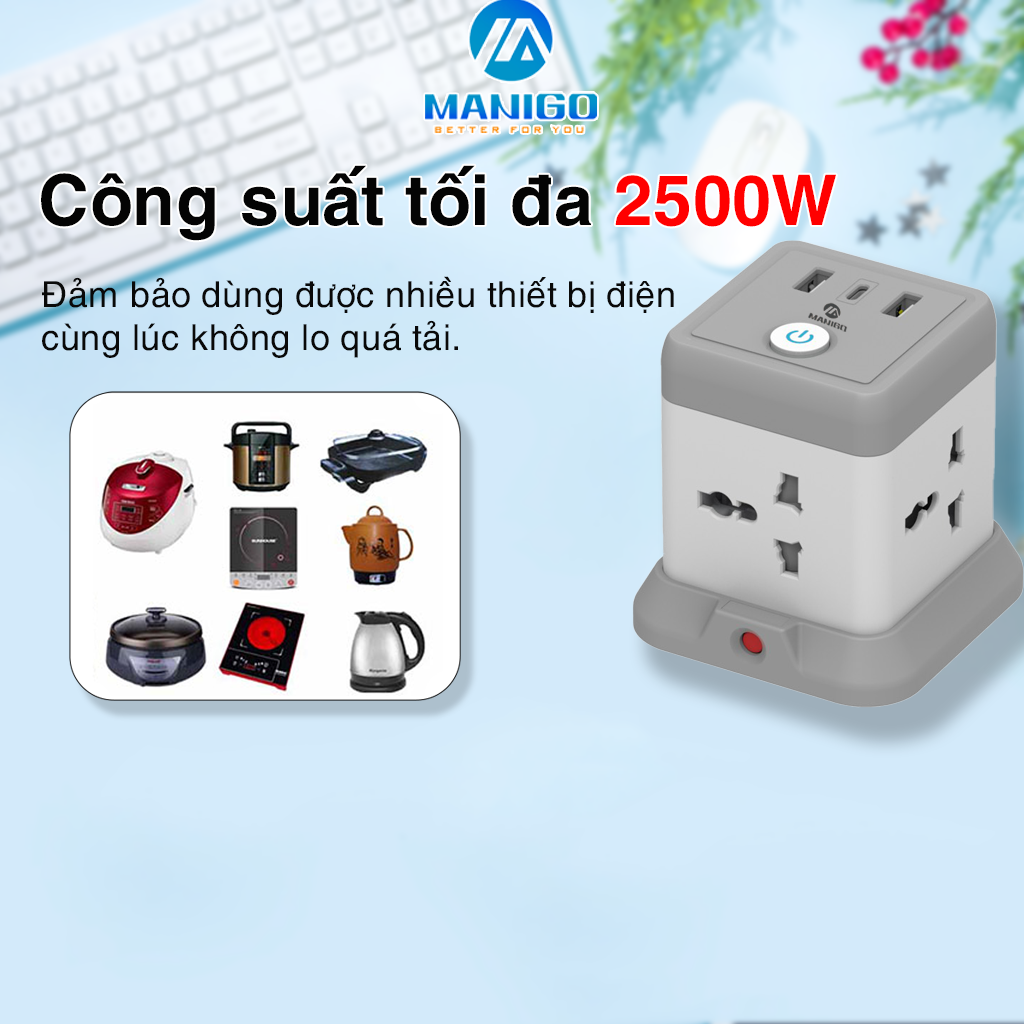 Mô tả Ổ cắm điện Manigo nhiều ổ cắm 2 cổng USB TypeC công suất 2500W dây dài 2.5m tự ngắt áp BH 18 Tháng - 5