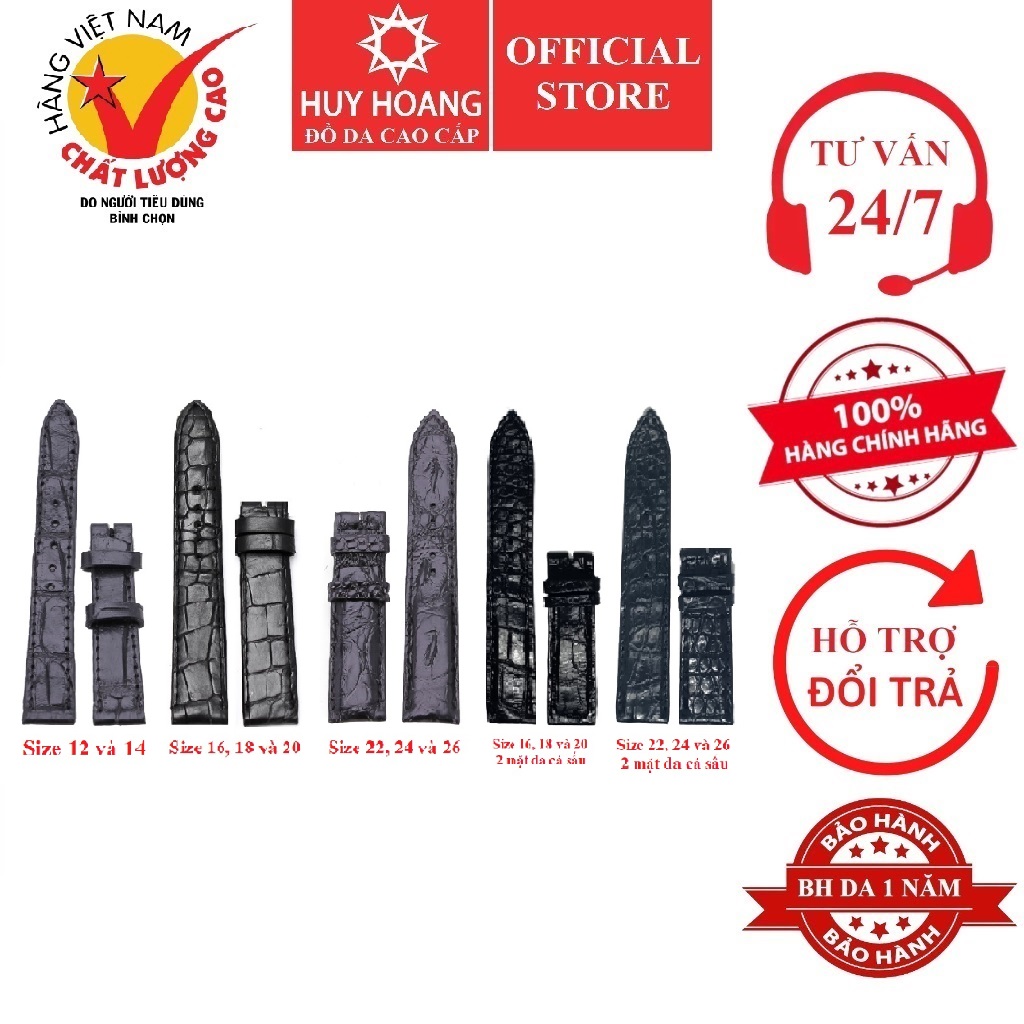 Mô tả Dây đồng hồ da cá sấu nhiều size màu đen HP8201-06-26-77-81 - 1