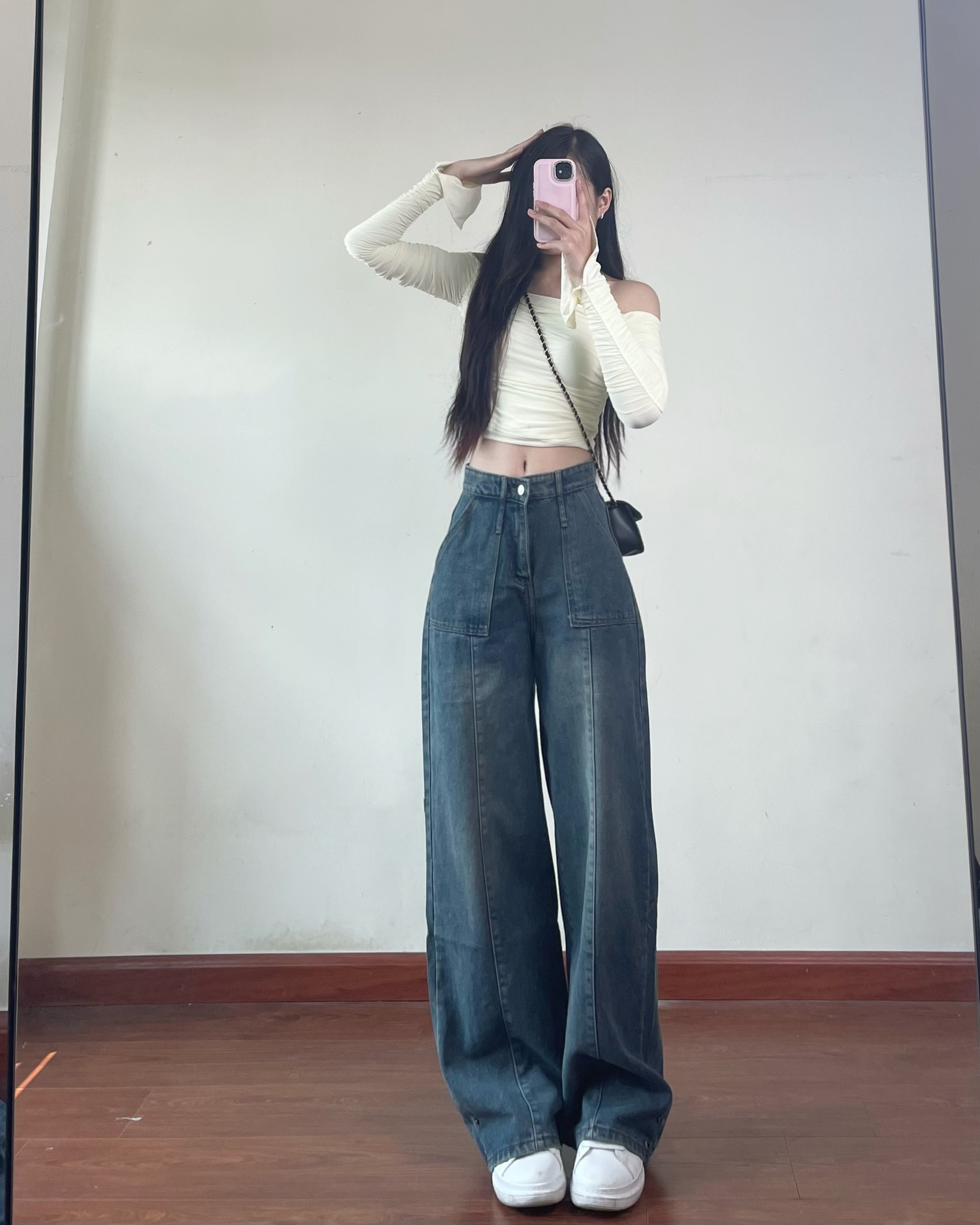 Mô tả Quần jean nữ ống suông lưng cao gân trước EMIX Quan9589/P13K27 - 3