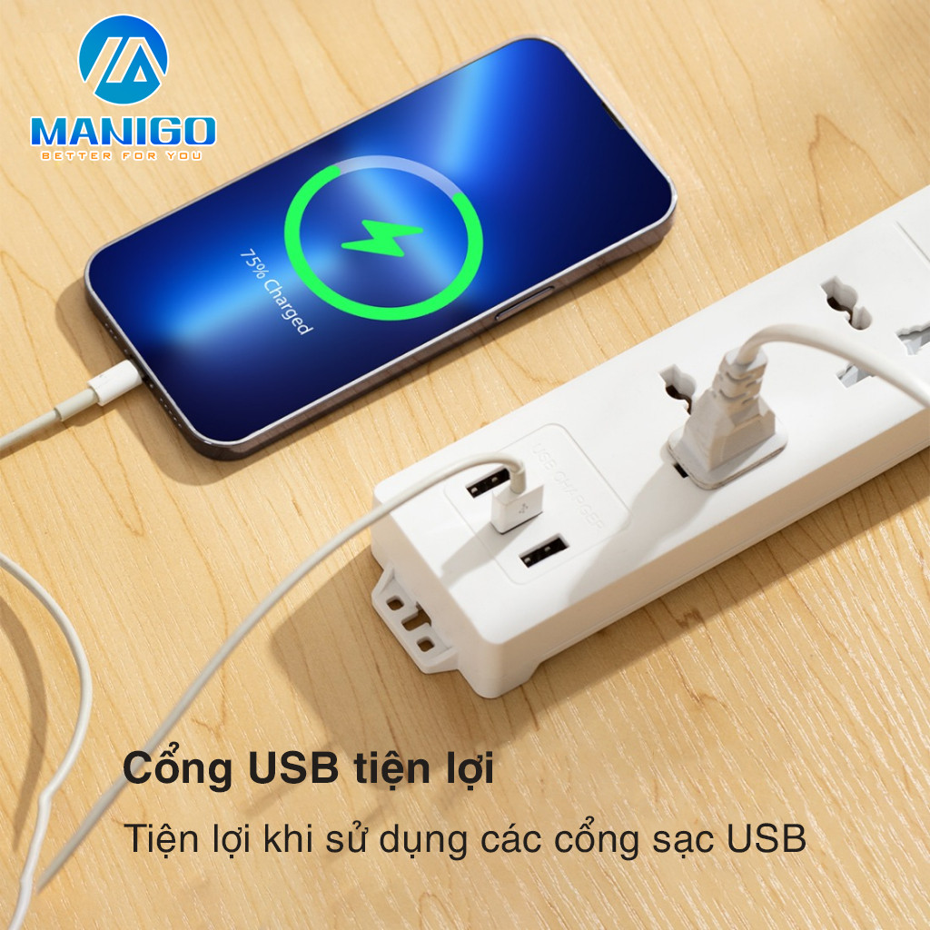 Mô tả Ổ Cắm Điện Đa Năng Tích Hợp Cổng USB Manigo 4 Lỗ Cắm Đầu 3 Công Suất 2500W BH 18 Tháng - 6