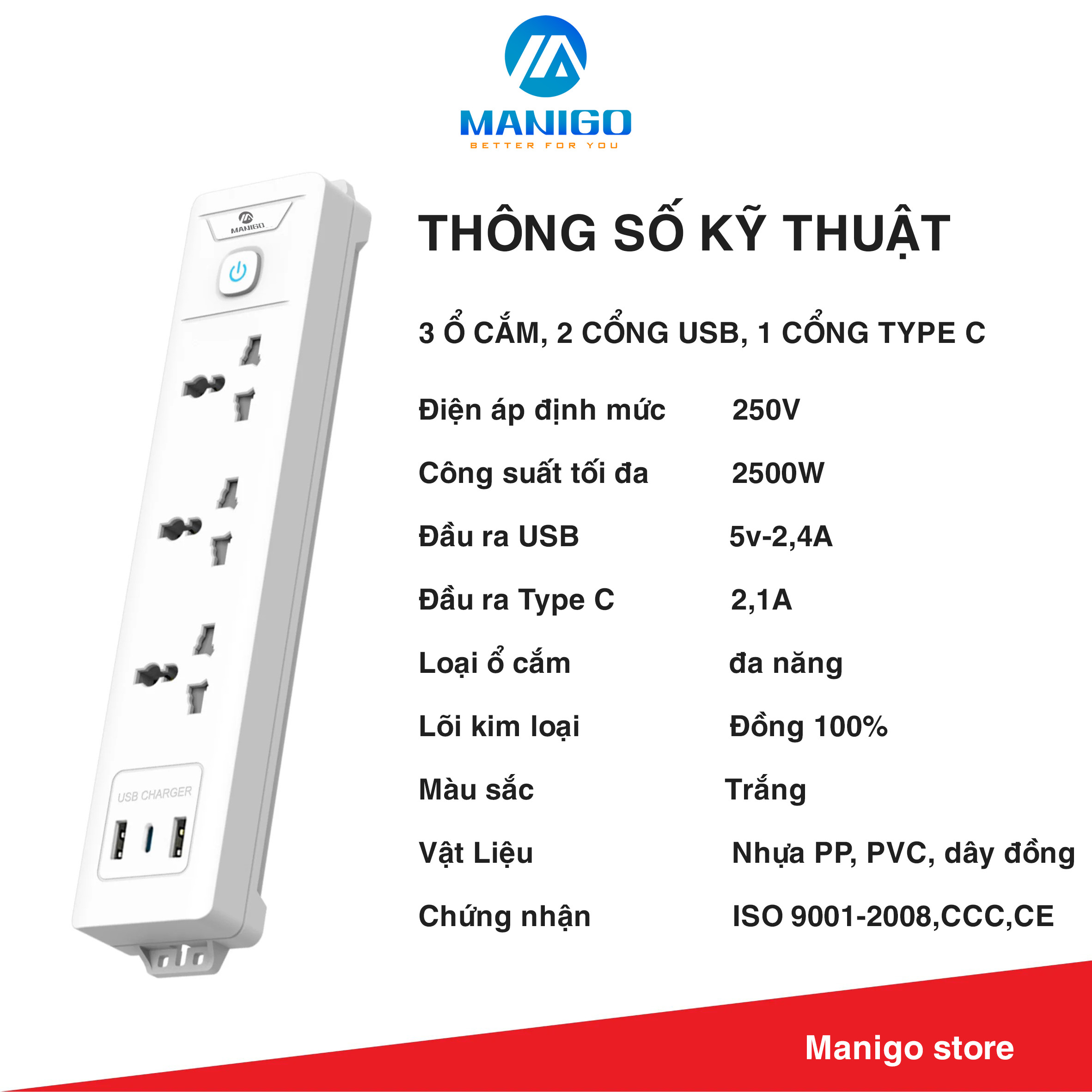 Mô tả Ổ Cắm Điện Đa Năng Tích Hợp Cổng USB Manigo 4 Lỗ Cắm Đầu 3 Công Suất 2500W BH 18 Tháng - 7