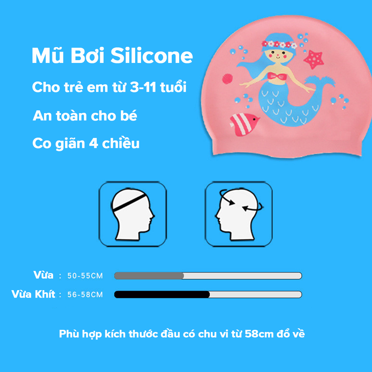 Mô tả Mũ Bơi Cho Bé, Nón Bơi Silicon Trẻ Em Chống Nước Chính Hãng Amalife Siêu Bền, Co Giãn Cho Bé Trai Và Bé Gái - 10