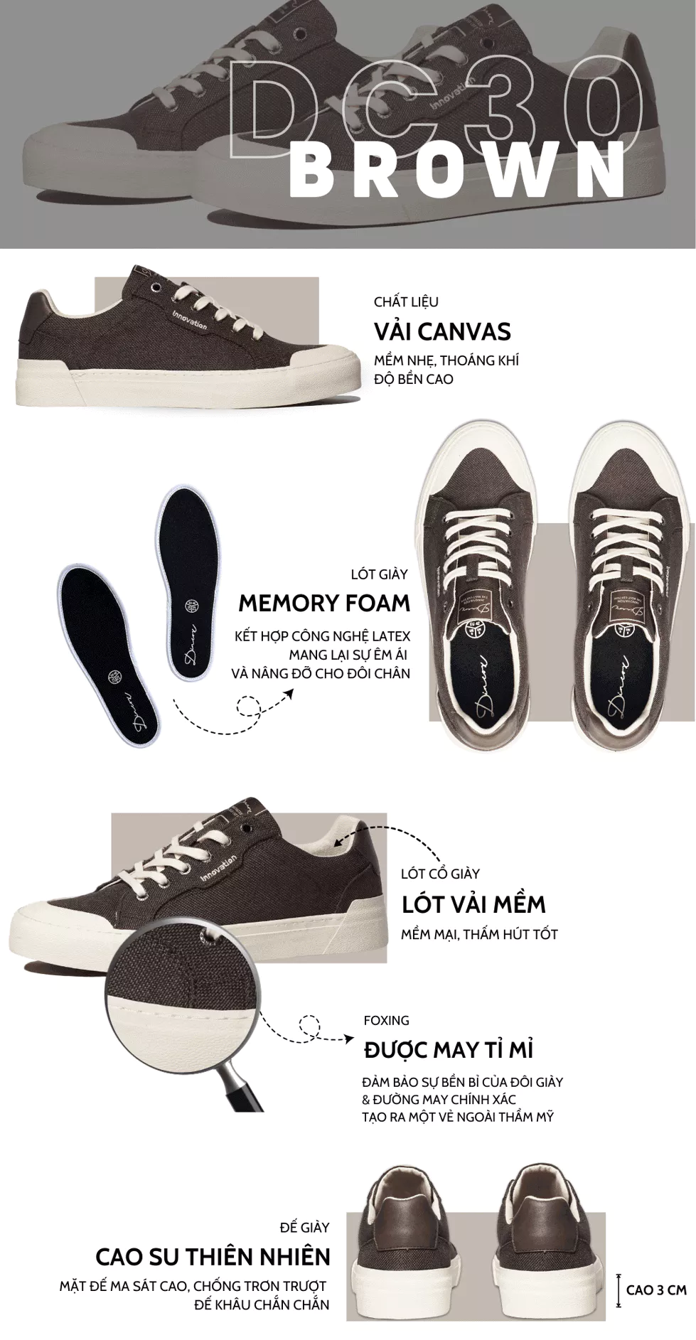 Giày Vải Sneaker Canvas Đế Bằng Nam DC30 Brown Dincox