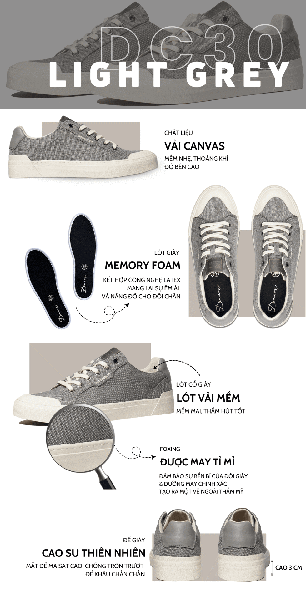Mô tả Giày Nam Sneaker Vải Canvas Đế Bằng DC30 Light Grey Dincox Shoes - 1