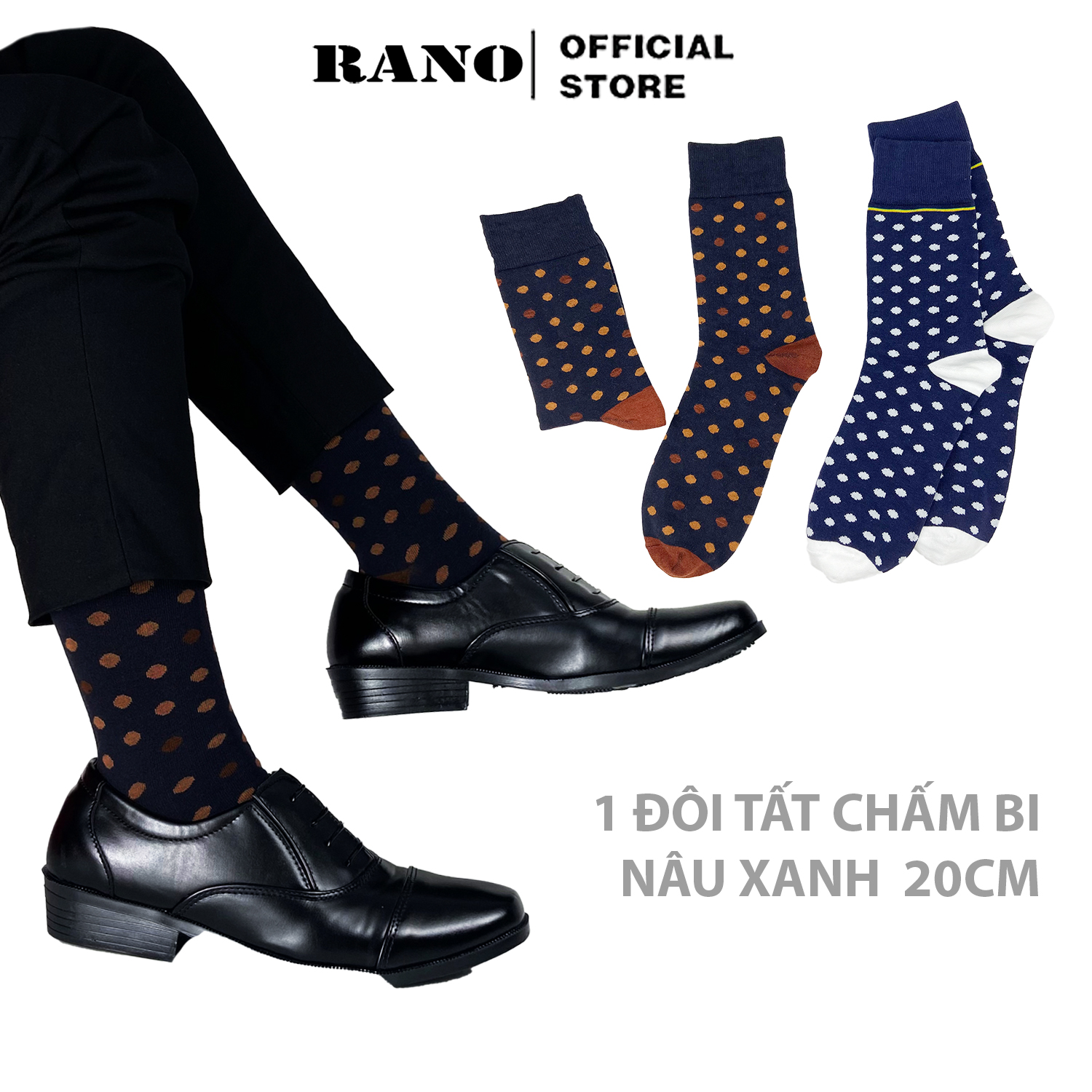 Mô tả Tất nam công sở cổ cao RANO họa tiết chấm bi to màu xanh cao cấp cotton thấm hút mồ hôi - 1