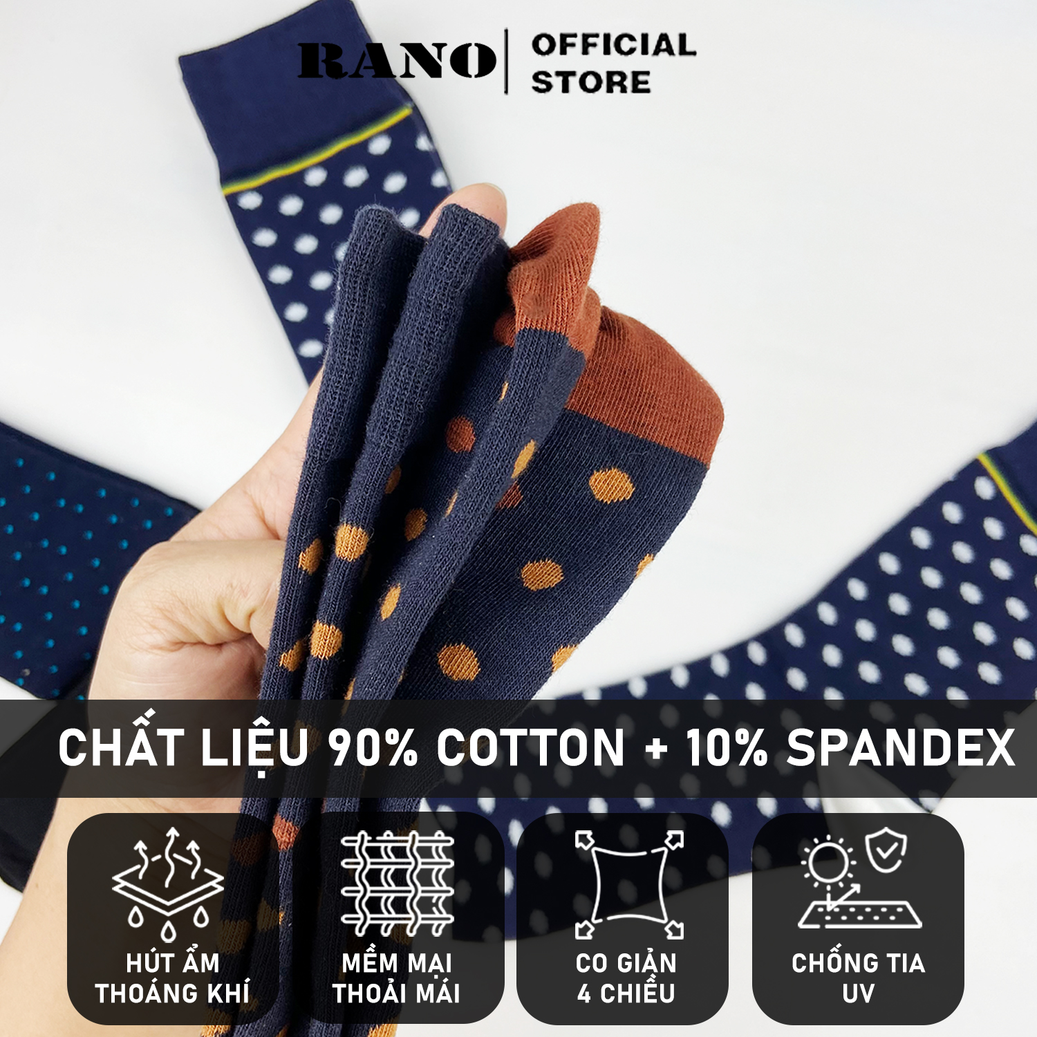Mô tả Tất nam công sở cổ cao RANO họa tiết chấm bi to màu xanh cao cấp cotton thấm hút mồ hôi - 3