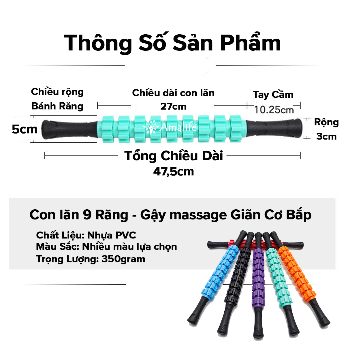 Mô tả Con Lăn 9 Răng, Gậy Lăn Massage Roller Stick Giãn Cơ Mát Xa Tập Yoga Thư Giãn Toàn Thân Đa Năng Chính Hãng Amalife - 6