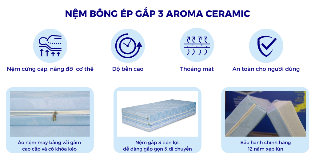 Mô tả Nệm Bông Ép Gấp 3 Aroma Ceramic, Nệm Siêu Cứng Nâng Đỡ Và Bảo Vệ Côt Sống, Chính Hãng, Bảo Hành 12 năm - 2