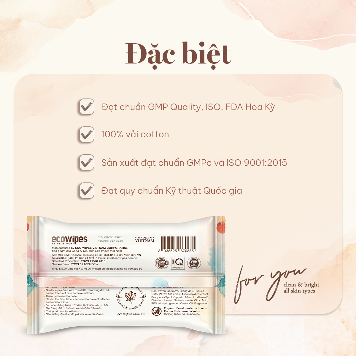 Mô tả Khăn tẩy trang ECOWIPES Facial Cleansing Towelettes Makeup Remover, 25 Tờ/ Gói - Daily Beauty - 2