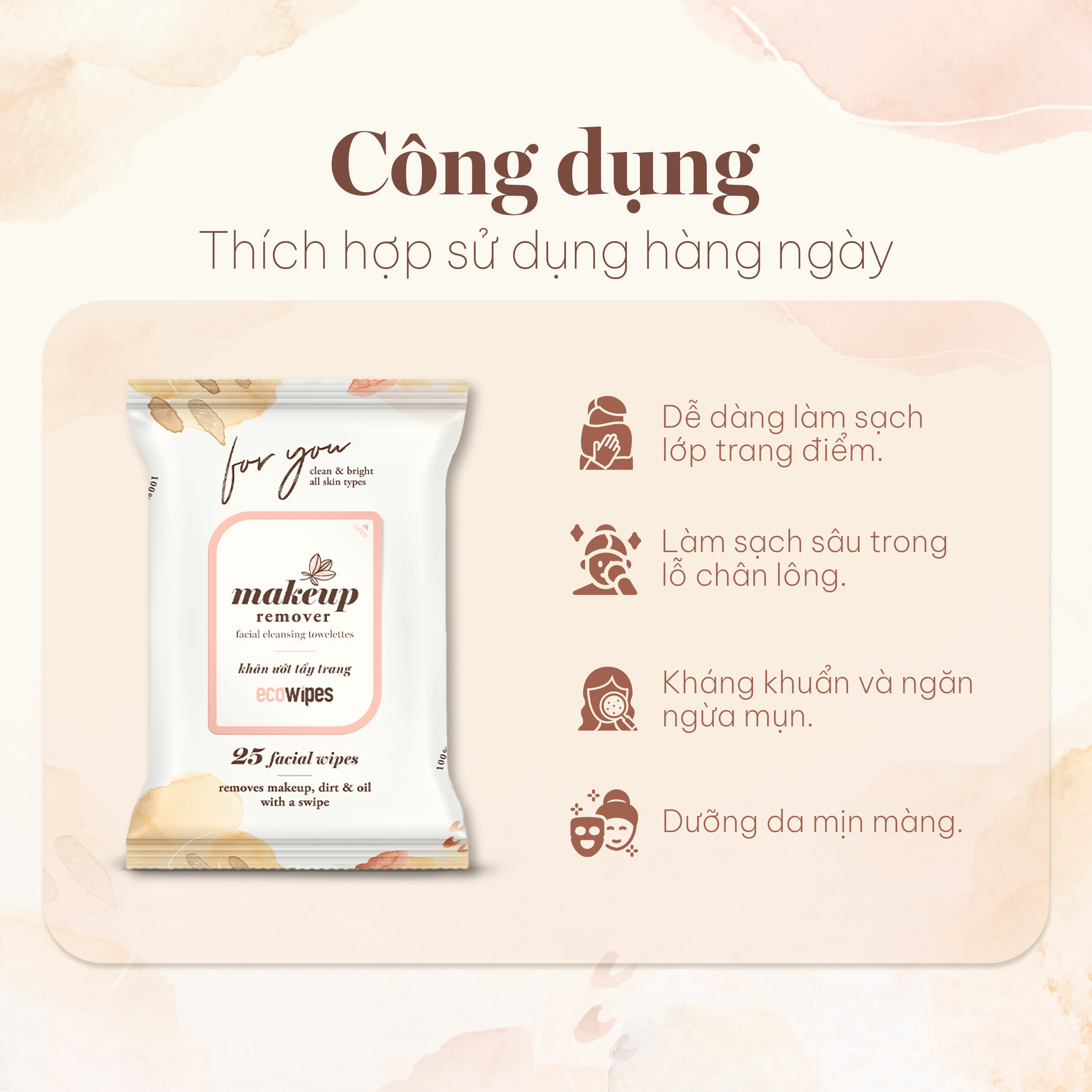 Mô tả Khăn tẩy trang ECOWIPES Facial Cleansing Towelettes Makeup Remover, 25 Tờ/ Gói - Daily Beauty - 6