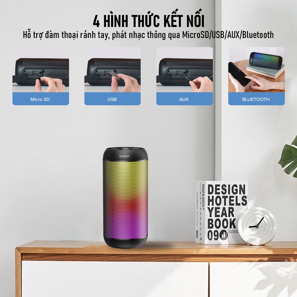 Mô tả Loa Bluetooth ROBOT RB510 Bass Lớn Công Suất 10W Đèn Led RGB Chống Nước - Hỗ trợ Kết Nối Thẻ Nhớ/USB/ AUX Cổng 3.5 - 5