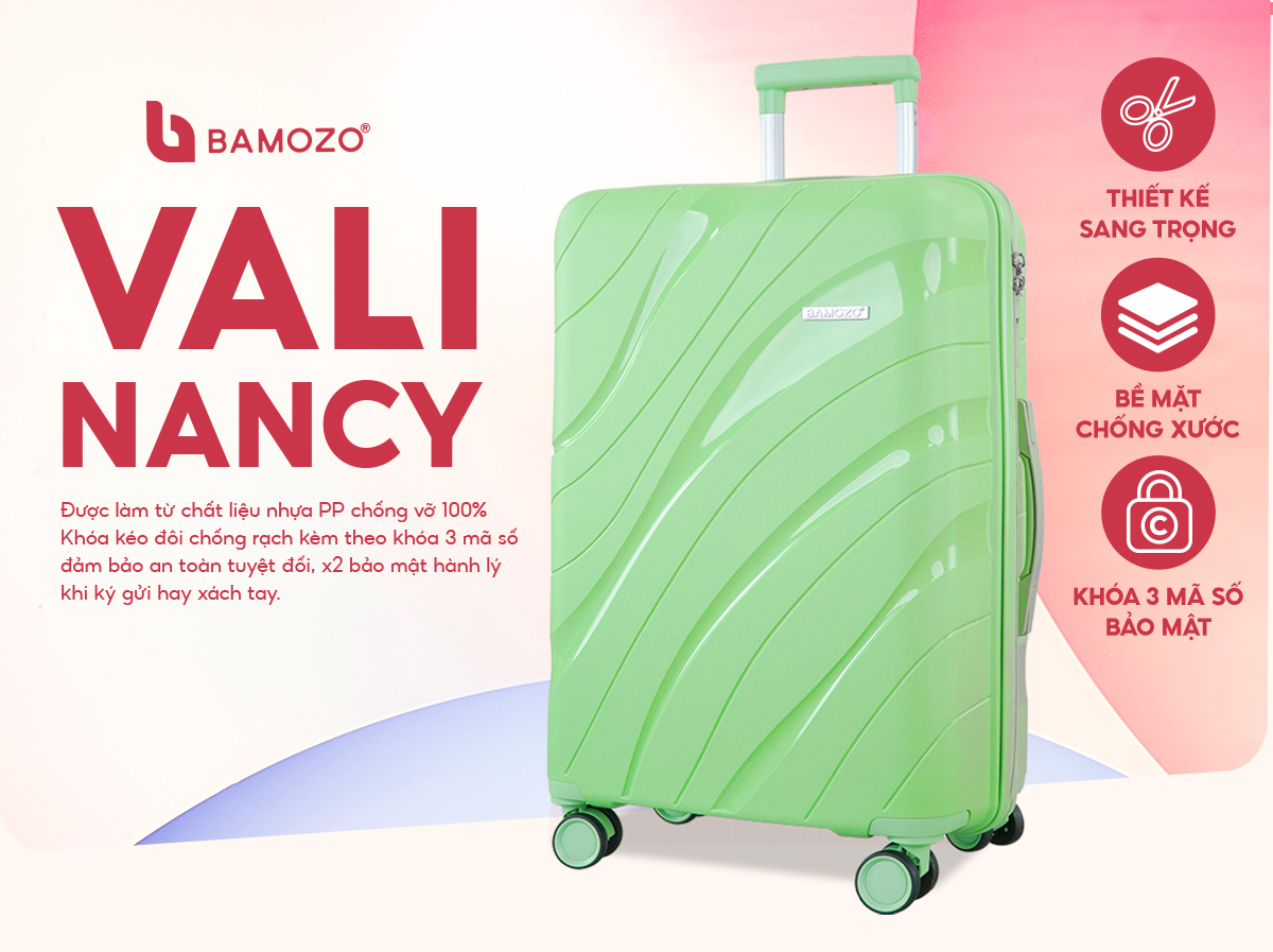 Mô tả Vali Kéo Du Lịch Bamozo Nancy Size 20/24/28 Nhựa PP Cao Cấp Chống Vỡ - Bảo Hành 5 Năm. - 1