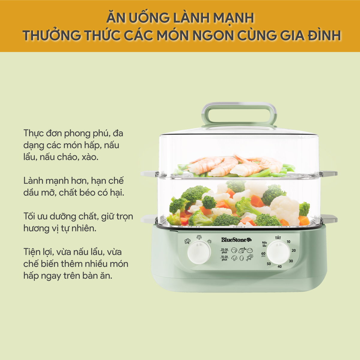 Mô tả Nồi Hấp Đa Năng BlueStone MPB-7235 - 1500W - Hấp 12 Lít - Lòng nồi 3 Lít - 2